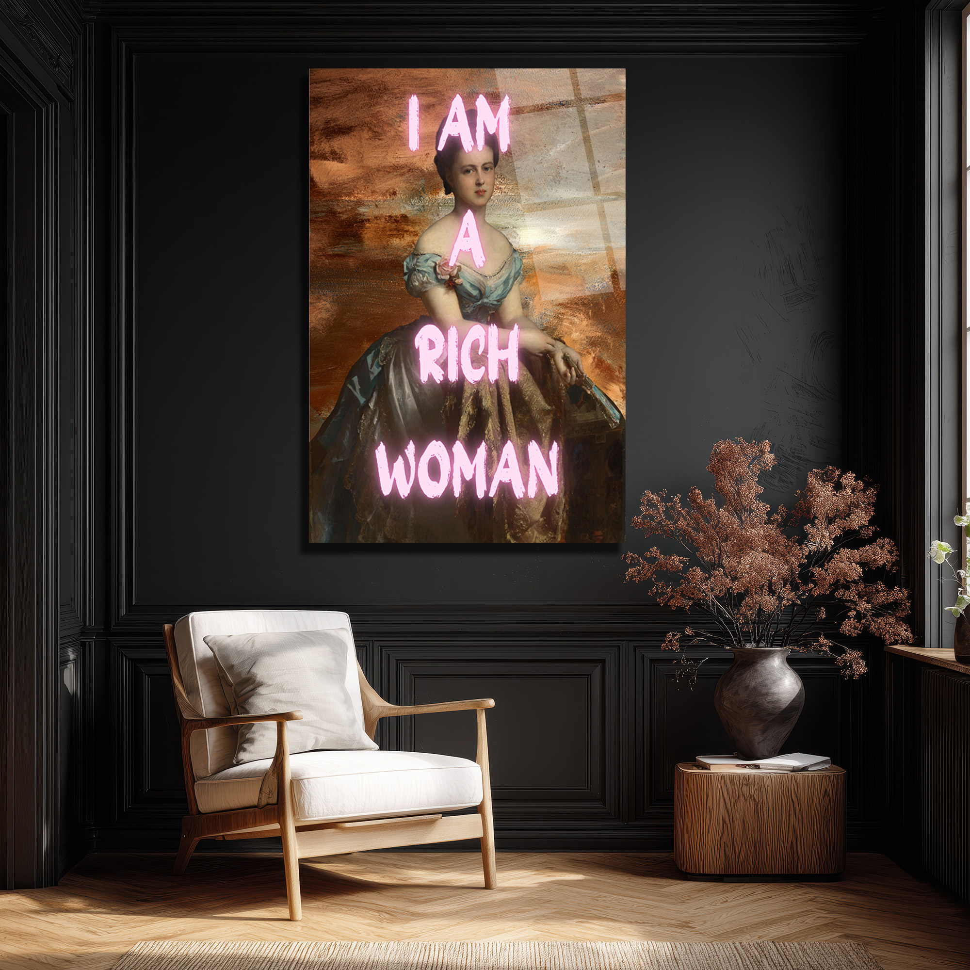 I AM A RICH WOMAN Neon Yazılı Klasik Portre Cam Tablo - Glazella I AM A RICH WOMAN Neon Yazılı Klasik Portre Cam Tablo - Glazella