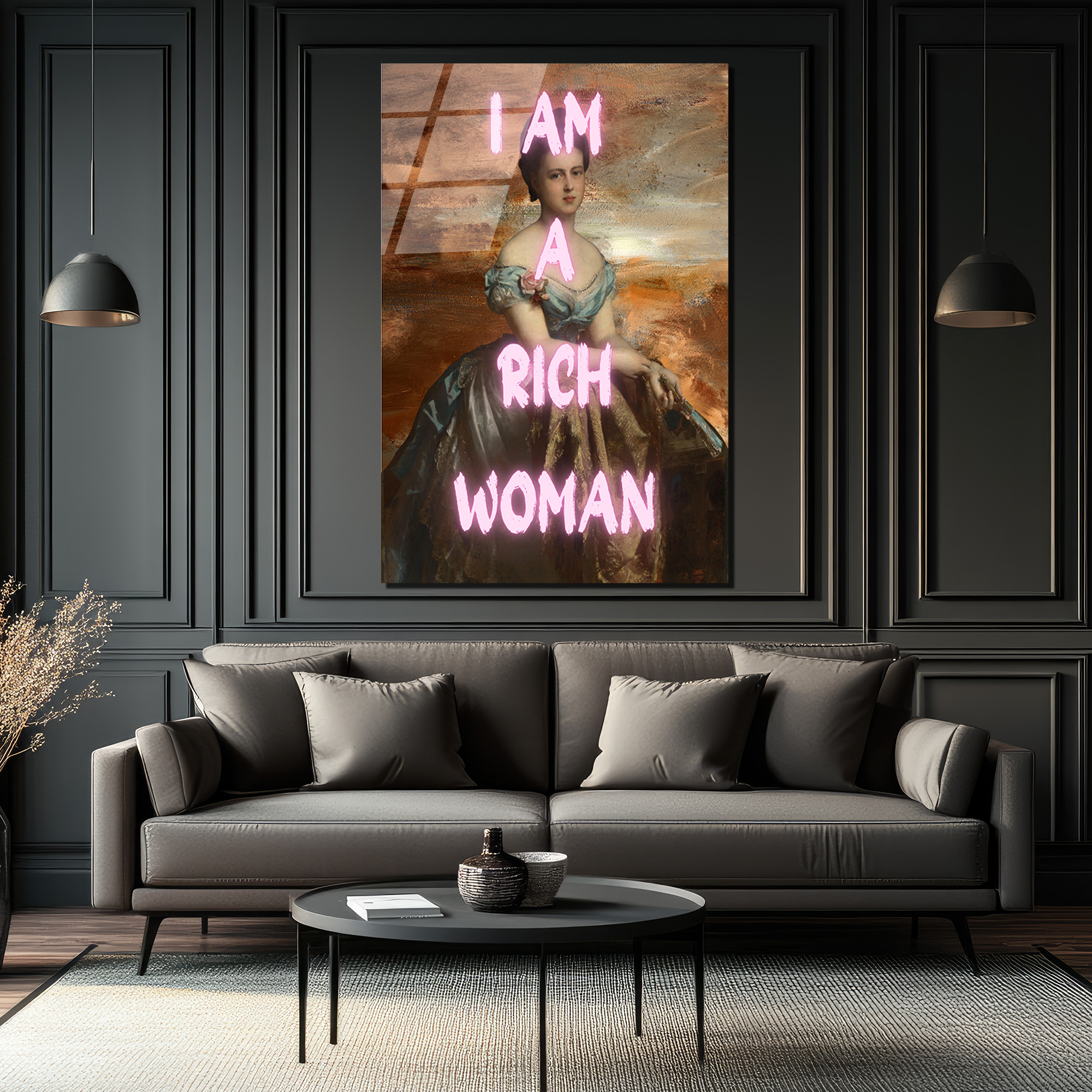 I AM A RICH WOMAN Neon Yazılı Klasik Portre Cam Tablo - Glazella I AM A RICH WOMAN Neon Yazılı Klasik Portre Cam Tablo - Glazella