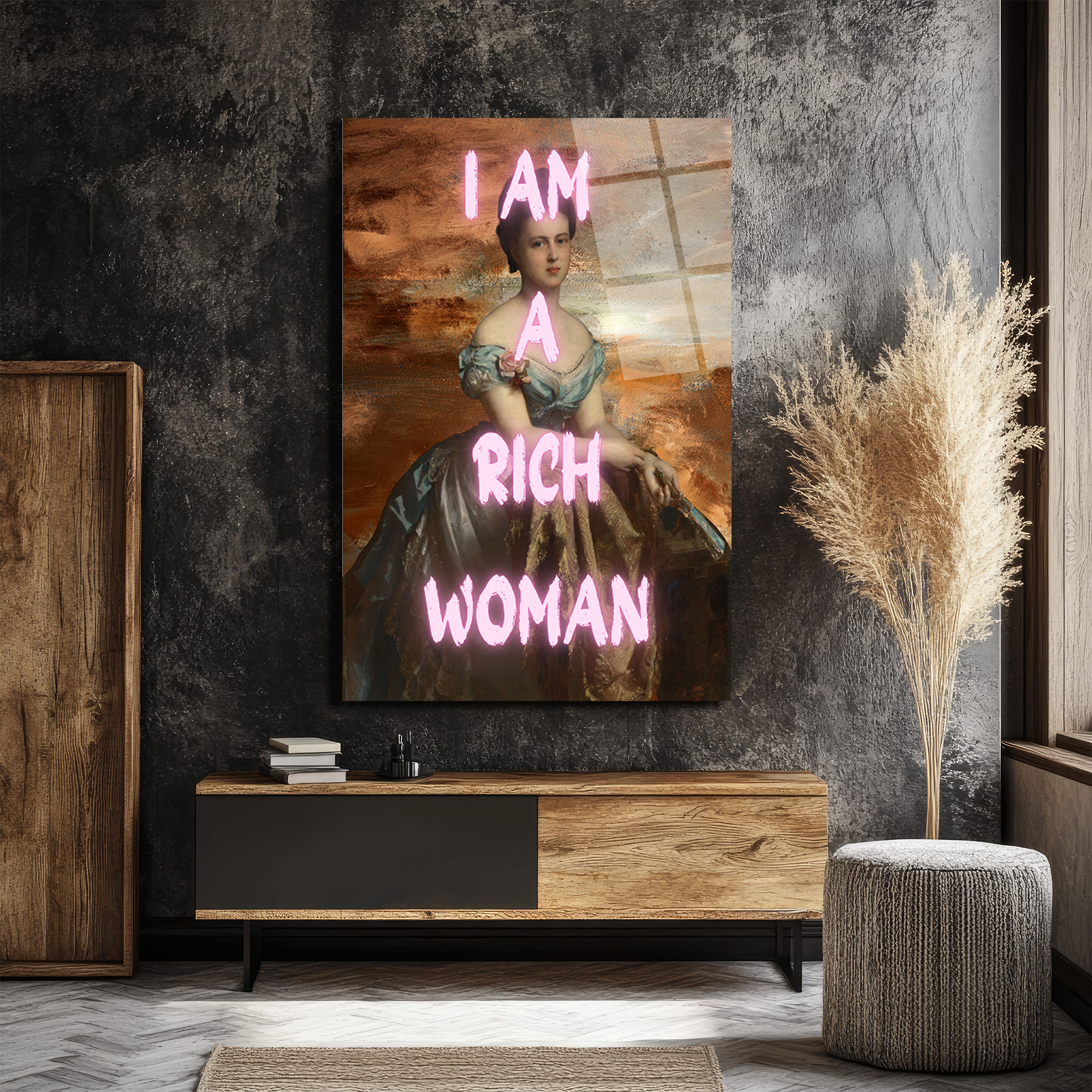 I AM A RICH WOMAN Neon Yazılı Klasik Portre Cam Tablo - Glazella I AM A RICH WOMAN Neon Yazılı Klasik Portre Cam Tablo - Glazella