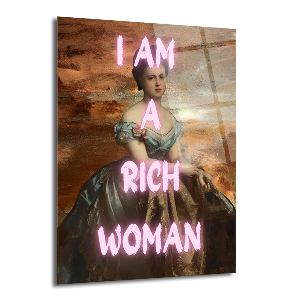 I AM A RICH WOMAN Neon Yazılı Klasik Portre Cam Tablo - Glazella I AM A RICH WOMAN Neon Yazılı Klasik Portre Cam Tablo - Glazella