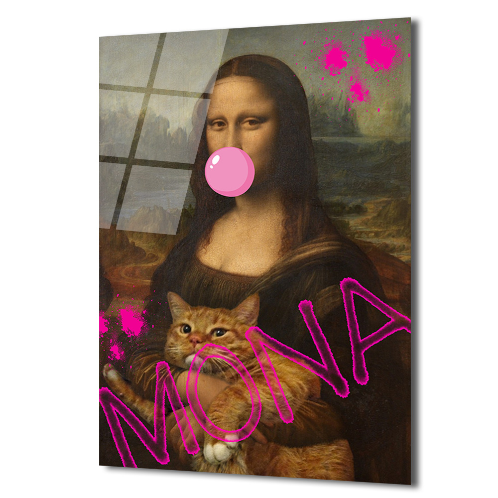 Pop Art Mona Lisa ve Kedi Cam Tablo - Modern Duvar Sanatı - Glazella Pop Art Mona Lisa ve Kedi Cam Tablo - Modern Duvar Sanatı - Glazella
