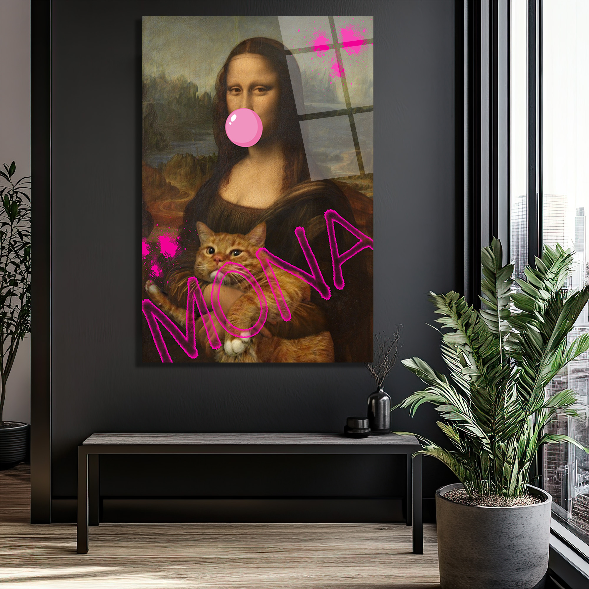 Pop Art Mona Lisa ve Kedi Cam Tablo - Modern Duvar Sanatı - Glazella Pop Art Mona Lisa ve Kedi Cam Tablo - Modern Duvar Sanatı - Glazella
