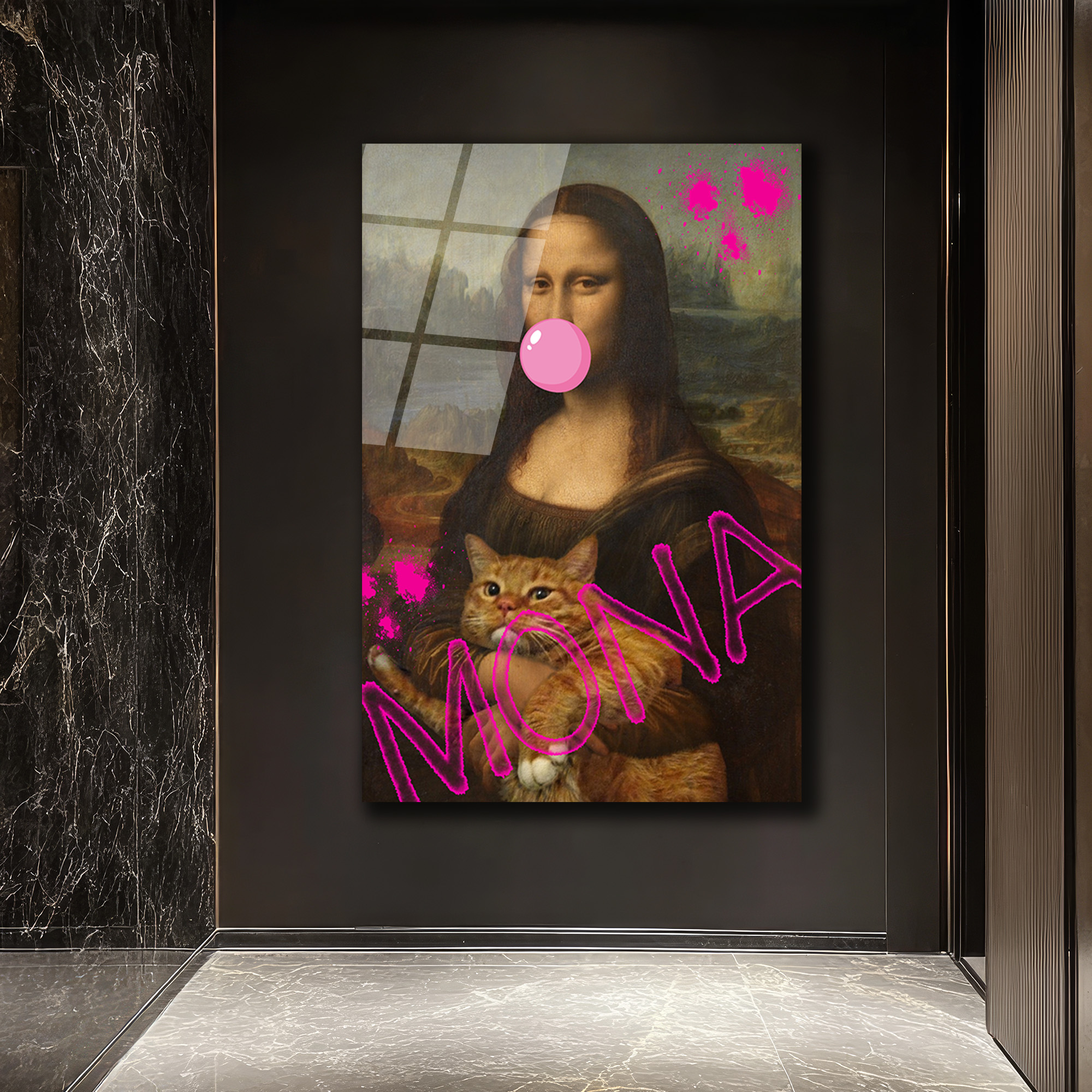 Pop Art Mona Lisa ve Kedi Cam Tablo - Modern Duvar Sanatı - Glazella Pop Art Mona Lisa ve Kedi Cam Tablo - Modern Duvar Sanatı - Glazella