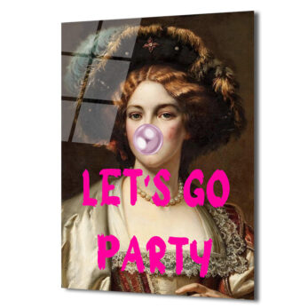 Let's Go Party Balonlu Kadın Cam Tablo - Pop Art Duvar Sanatı - Glazella