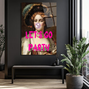 Let's Go Party Balonlu Kadın Cam Tablo - Pop Art Duvar Sanatı - Glazella