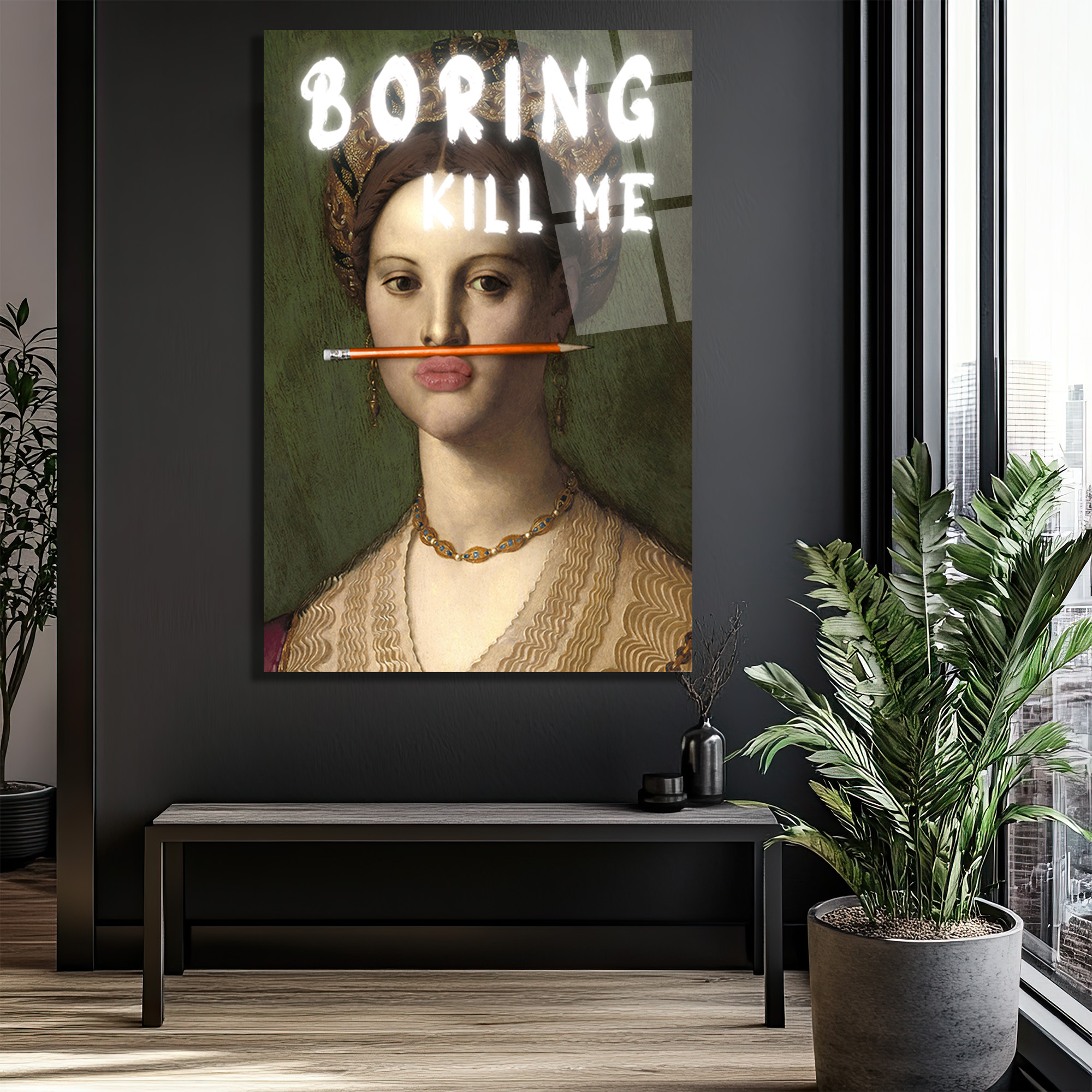 "Boring Kill Me" Yazılı Modern Sanat Cam Tablosu - İronik Duvar Dekoru - Glazella "Boring Kill Me" Yazılı Modern Sanat Cam Tablosu - İronik Duvar Dekoru - Glazella
