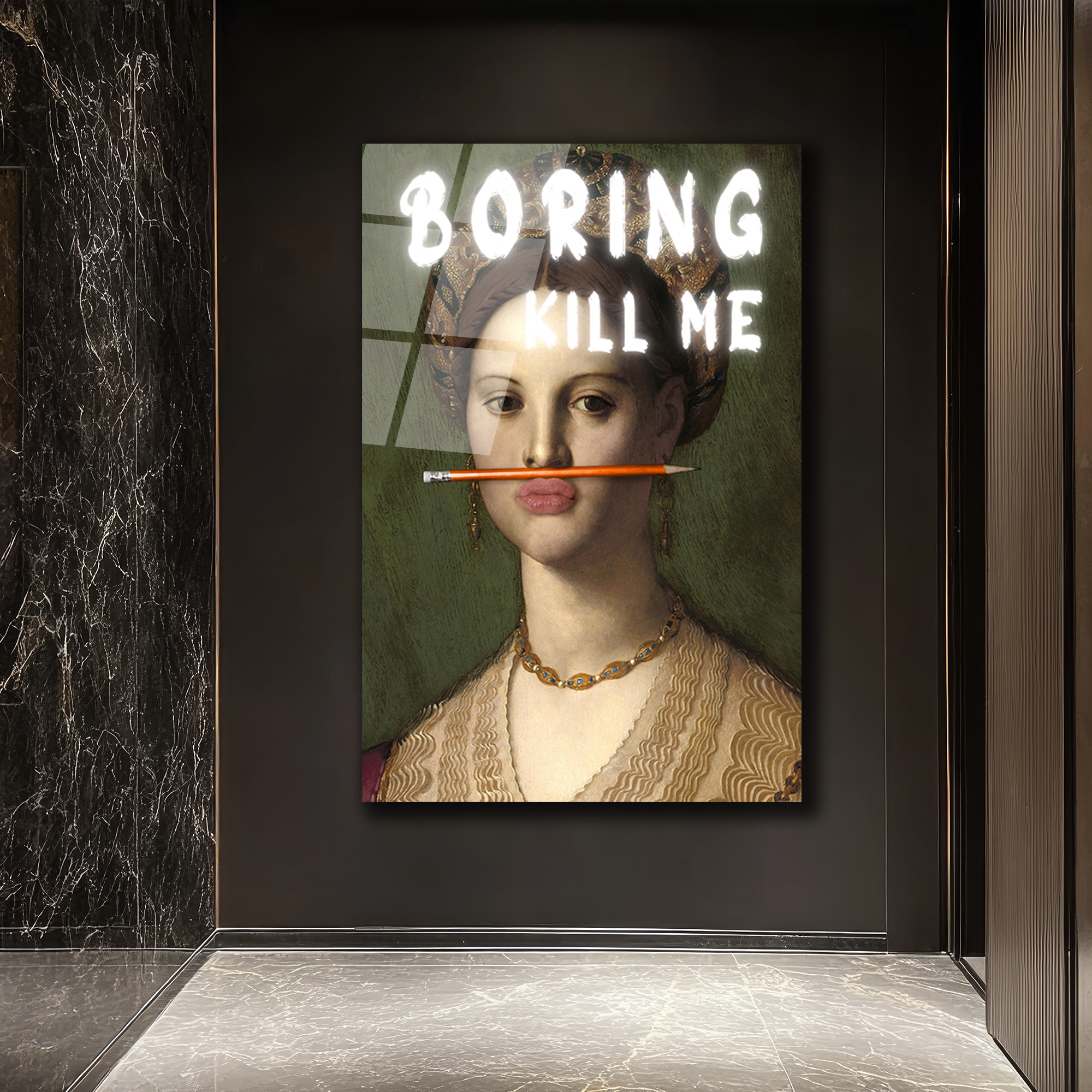 "Boring Kill Me" Yazılı Modern Sanat Cam Tablosu - İronik Duvar Dekoru - Glazella "Boring Kill Me" Yazılı Modern Sanat Cam Tablosu - İronik Duvar Dekoru - Glazella