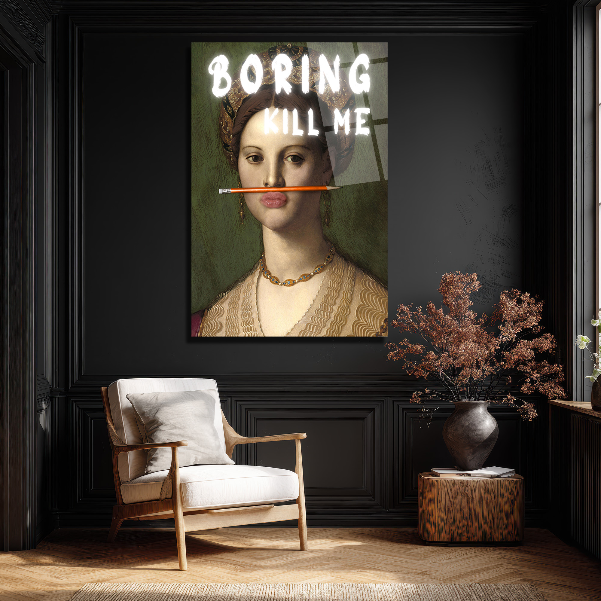"Boring Kill Me" Yazılı Modern Sanat Cam Tablosu - İronik Duvar Dekoru - Glazella "Boring Kill Me" Yazılı Modern Sanat Cam Tablosu - İronik Duvar Dekoru - Glazella