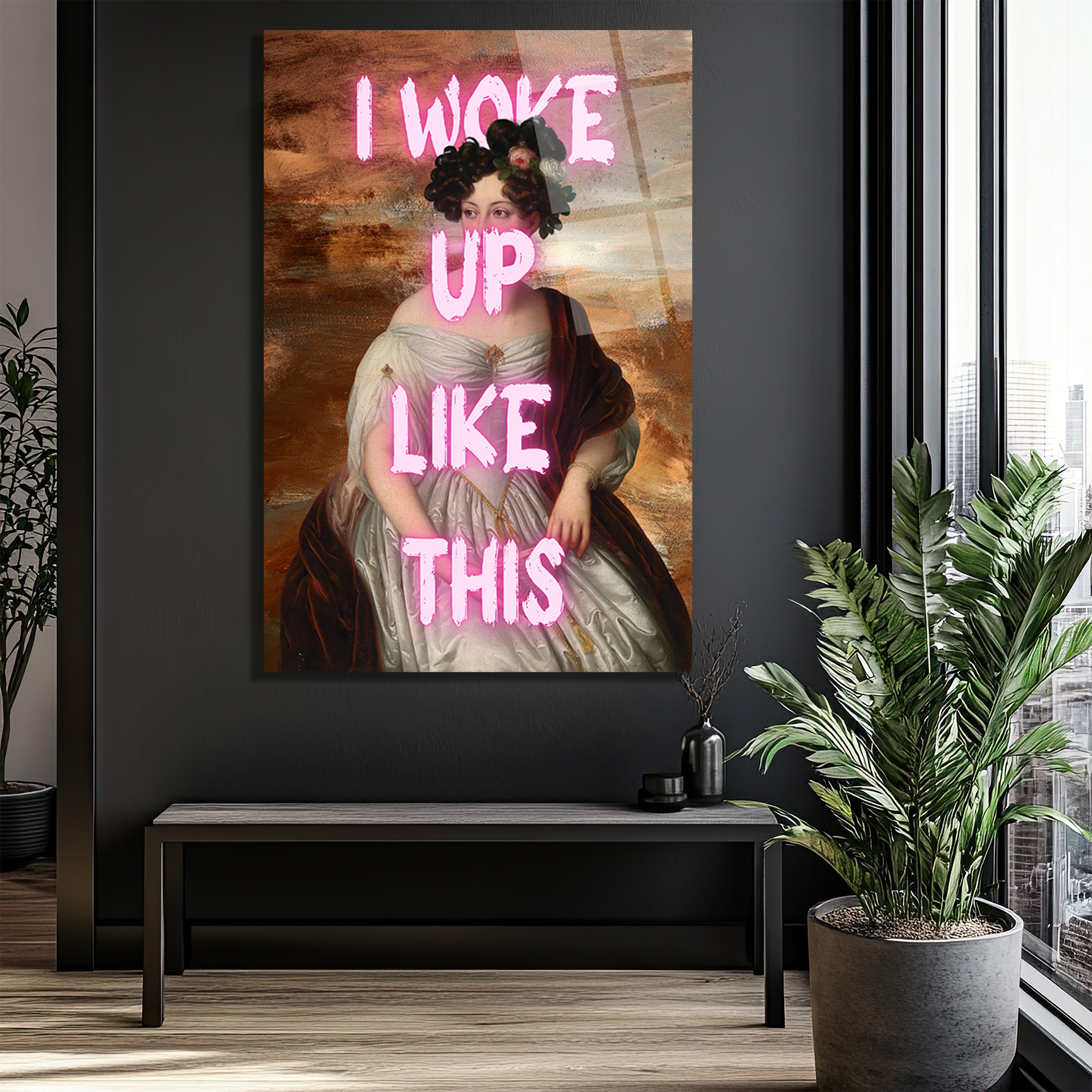 I Woke Up Like This Neon Yazılı Klasik Portre Cam Tablo - Glazella I Woke Up Like This Neon Yazılı Klasik Portre Cam Tablo - Glazella