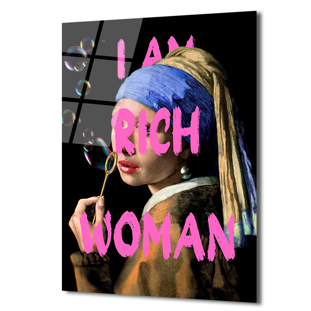 İnci Küpeli Kız 'I Am Rich Woman' Pop Art Cam Tablo - Glazella İnci Küpeli Kız 'I Am Rich Woman' Pop Art Cam Tablo - Glazella