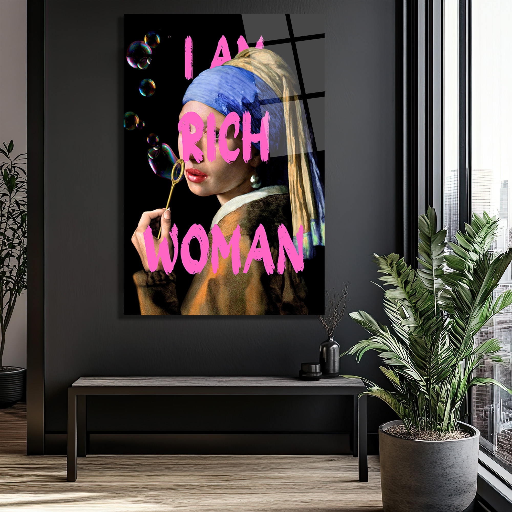 İnci Küpeli Kız 'I Am Rich Woman' Pop Art Cam Tablo - Glazella İnci Küpeli Kız 'I Am Rich Woman' Pop Art Cam Tablo - Glazella