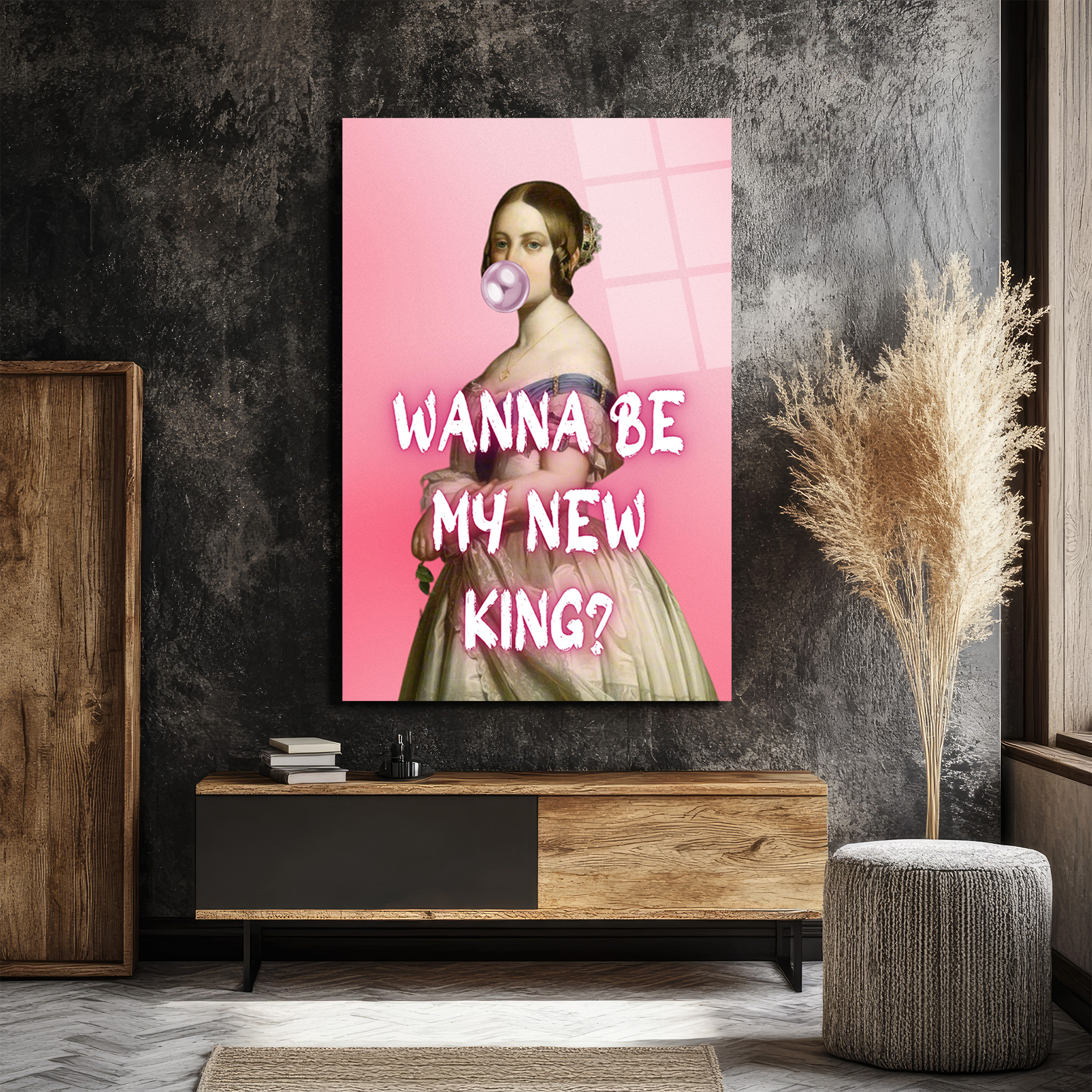 "Wanna Be My New King?" Pop Art Temalı Şık Cam Tablo - Glazella "Wanna Be My New King?" Pop Art Temalı Şık Cam Tablo - Glazella