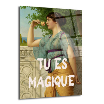 "Tu Es Magique" Temalı Antik Kadın ve Gül Cam Tablo - Glazella