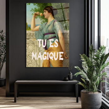 "Tu Es Magique" Temalı Antik Kadın ve Gül Cam Tablo - Glazella