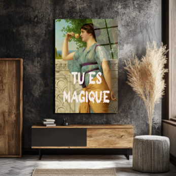 "Tu Es Magique" Temalı Antik Kadın ve Gül Cam Tablo - Glazella