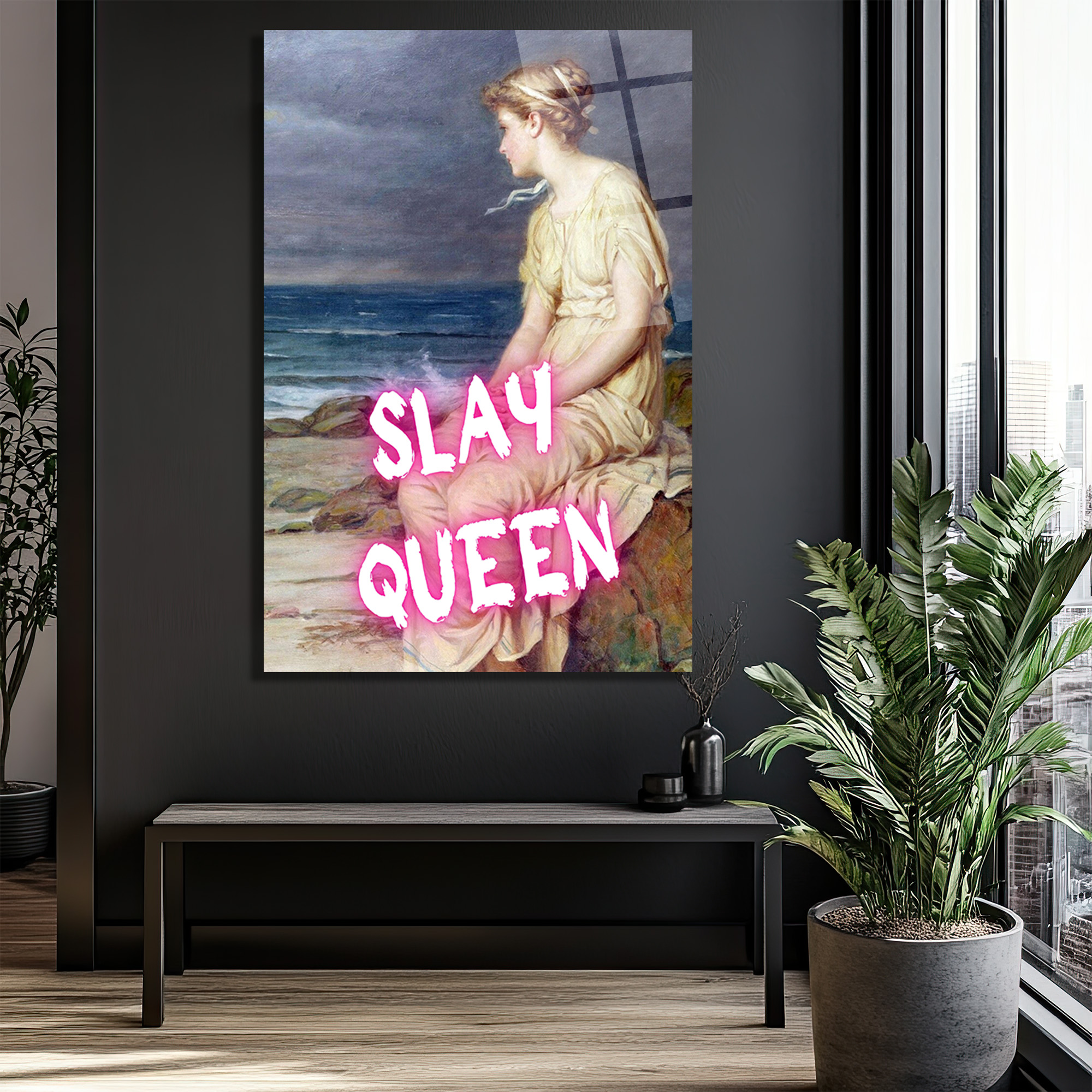 Slay Queen Neon Pembe Yazılı Klasik Sanat Cam Tablo - Glazella Slay Queen Neon Pembe Yazılı Klasik Sanat Cam Tablo - Glazella