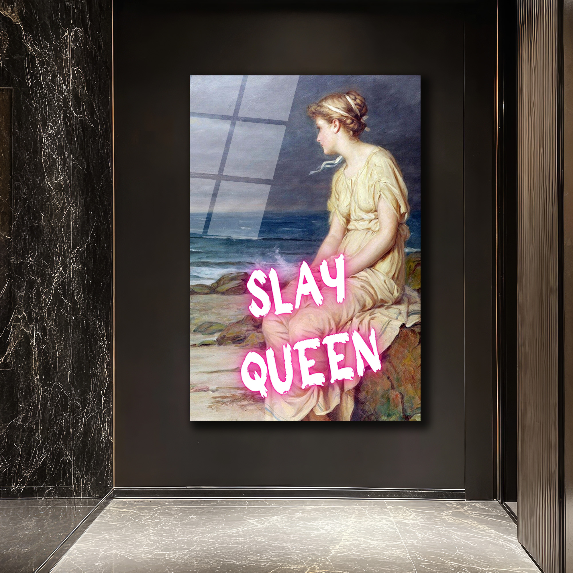 Slay Queen Neon Pembe Yazılı Klasik Sanat Cam Tablo - Glazella Slay Queen Neon Pembe Yazılı Klasik Sanat Cam Tablo - Glazella