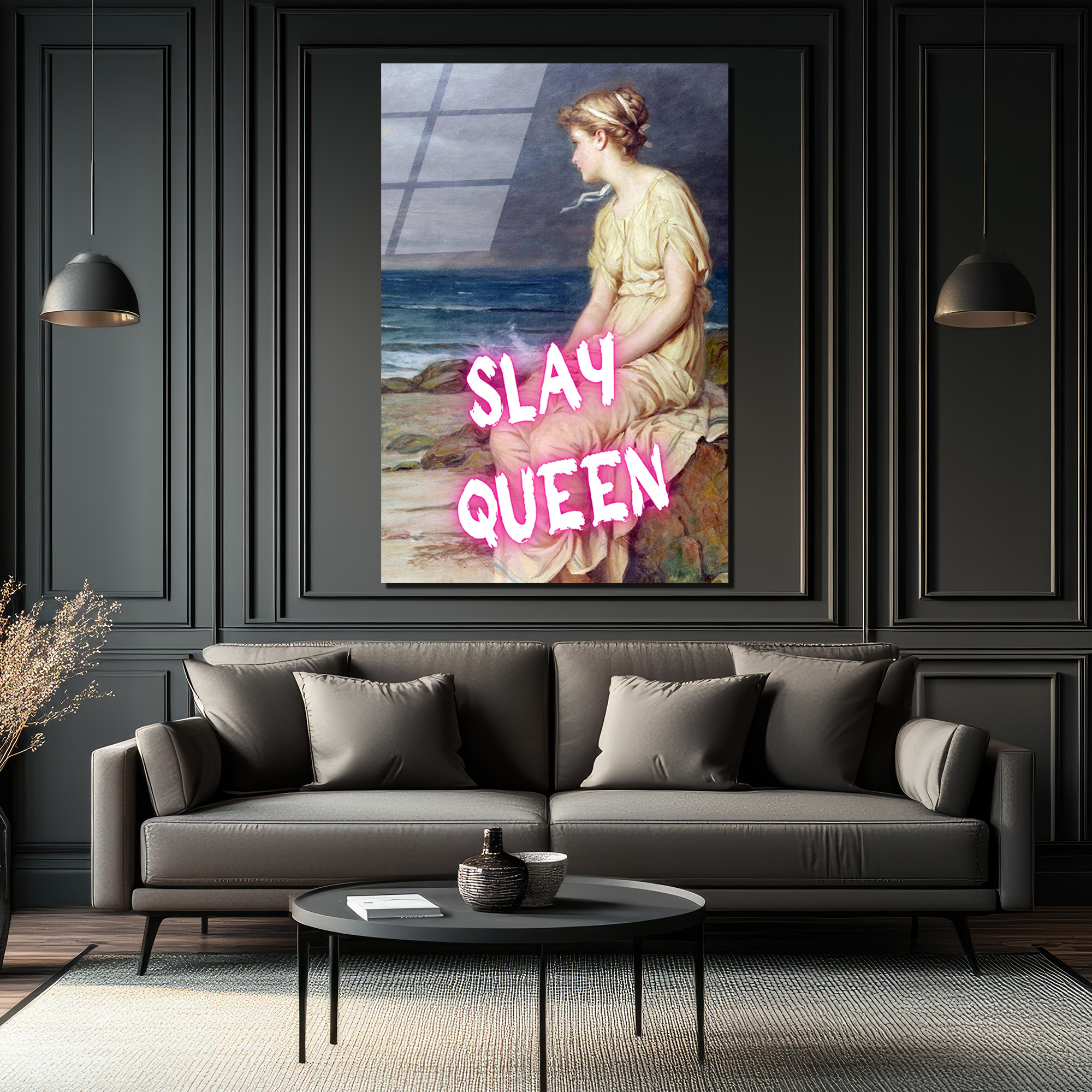 Slay Queen Neon Pembe Yazılı Klasik Sanat Cam Tablo - Glazella Slay Queen Neon Pembe Yazılı Klasik Sanat Cam Tablo - Glazella