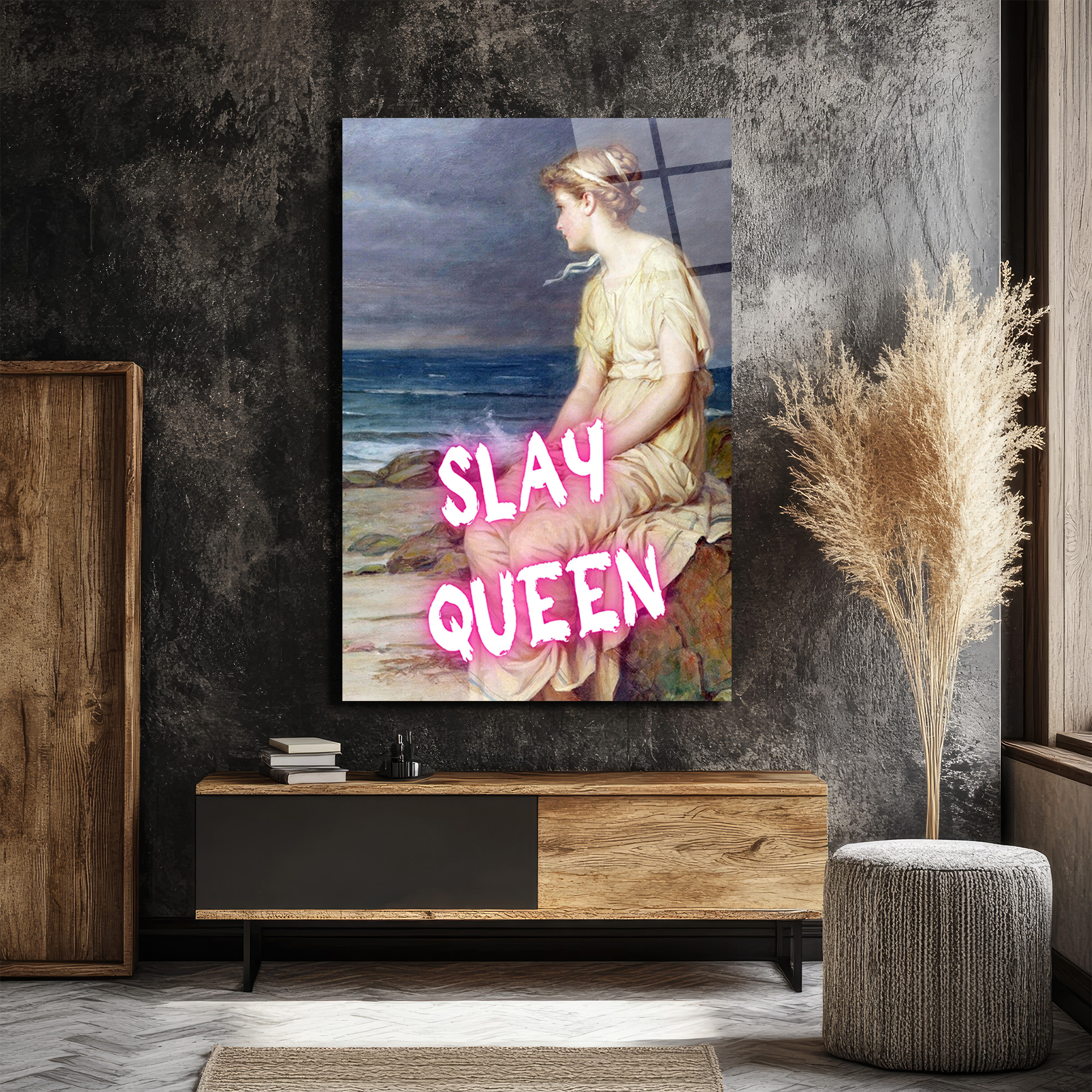 Slay Queen Neon Pembe Yazılı Klasik Sanat Cam Tablo - Glazella Slay Queen Neon Pembe Yazılı Klasik Sanat Cam Tablo - Glazella