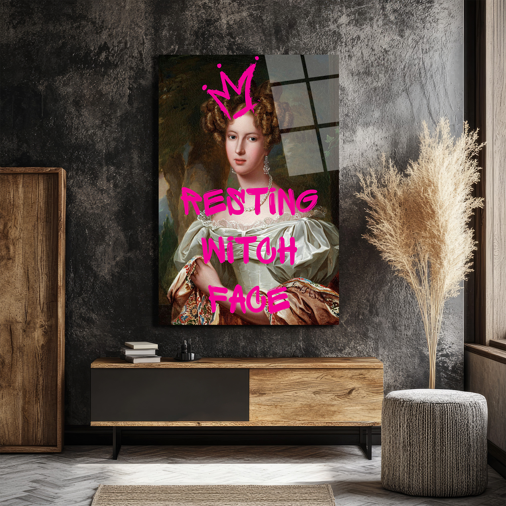 "Resting Witch Face" Temalı İronik Kraliçe Portre Cam Tablo - Glazella "Resting Witch Face" Temalı İronik Kraliçe Portre Cam Tablo - Glazella