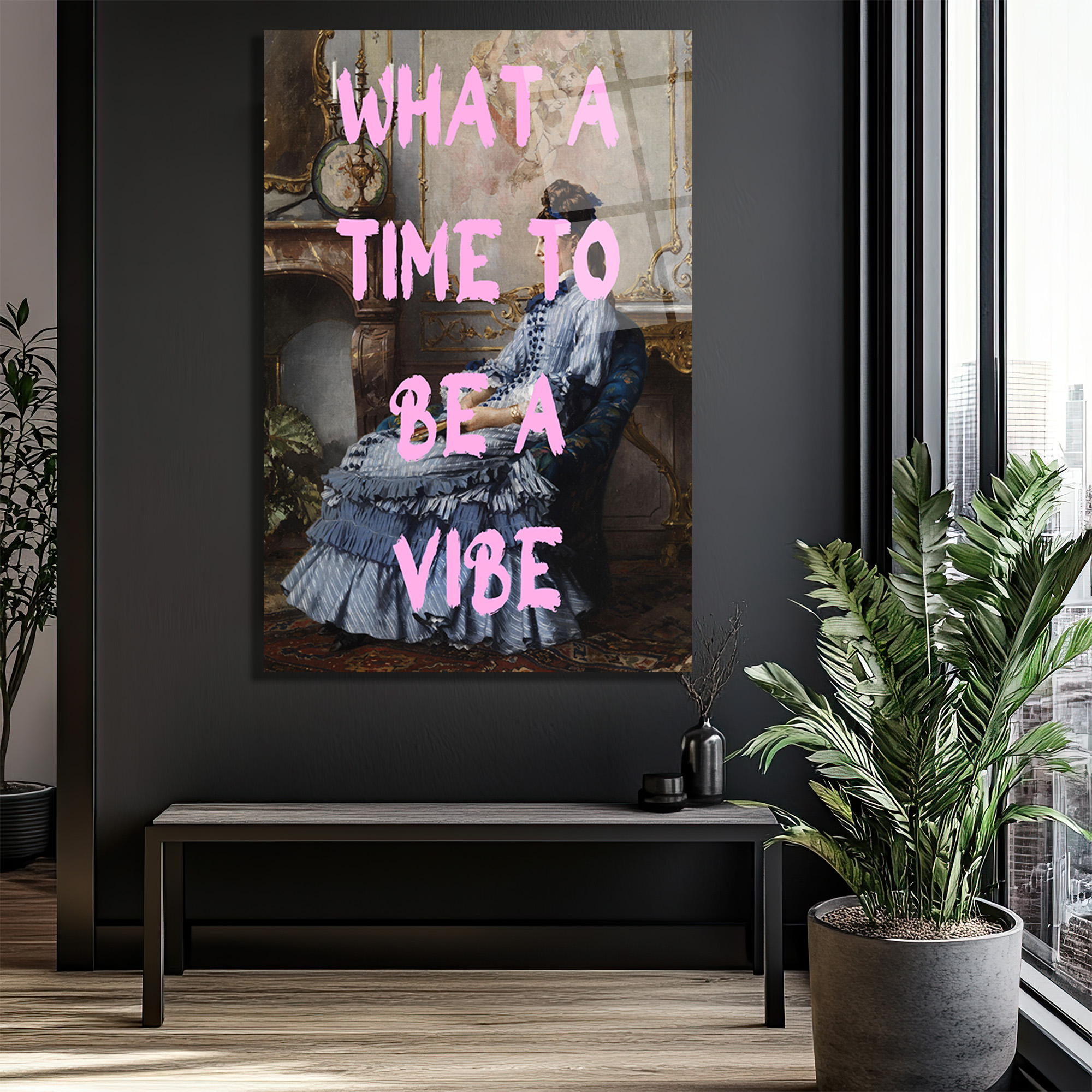 "What A Time To Be A Vibe" Pembe Yazılı Klasik Kadın Portre Cam Tablo - Glazella "What A Time To Be A Vibe" Pembe Yazılı Klasik Kadın Portre Cam Tablo - Glazella