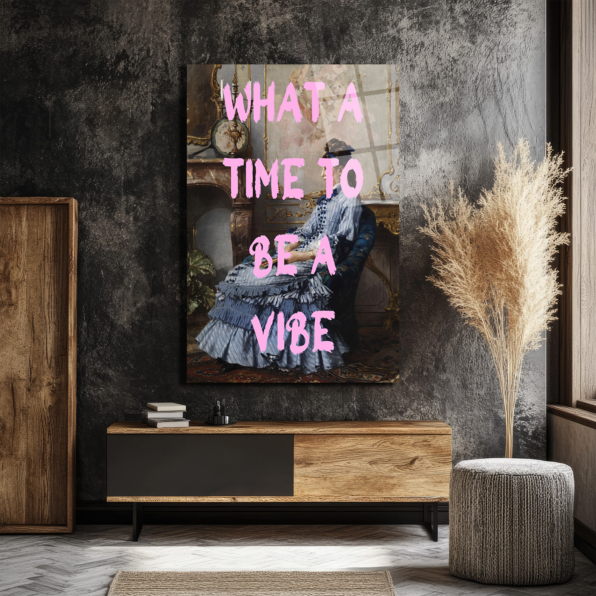 "What A Time To Be A Vibe" Pembe Yazılı Klasik Kadın Portre Cam Tablo - Glazella "What A Time To Be A Vibe" Pembe Yazılı Klasik Kadın Portre Cam Tablo - Glazella