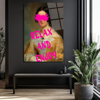 Relax and Enjoy Neon Pembe Graffiti Klasik Portre Cam Tablo - Glazella
