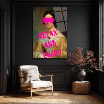Relax and Enjoy Neon Pembe Graffiti Klasik Portre Cam Tablo - Glazella