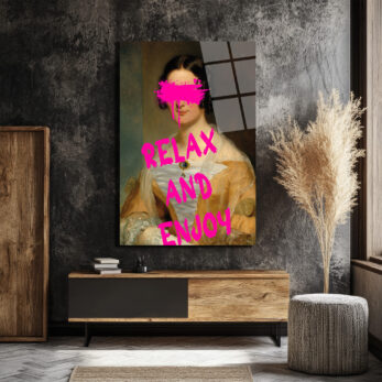 Relax and Enjoy Neon Pembe Graffiti Klasik Portre Cam Tablo - Glazella
