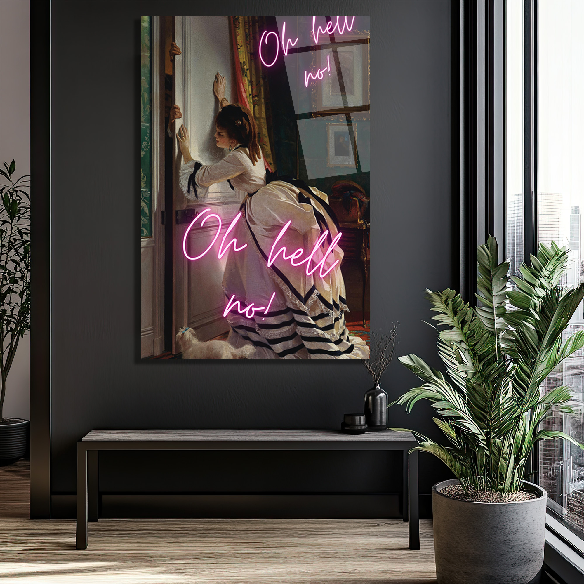 Oh Hell No! Klasik Sanat ve Neon Esintili Cam Tablo - Glazella Oh Hell No! Klasik Sanat ve Neon Esintili Cam Tablo - Glazella