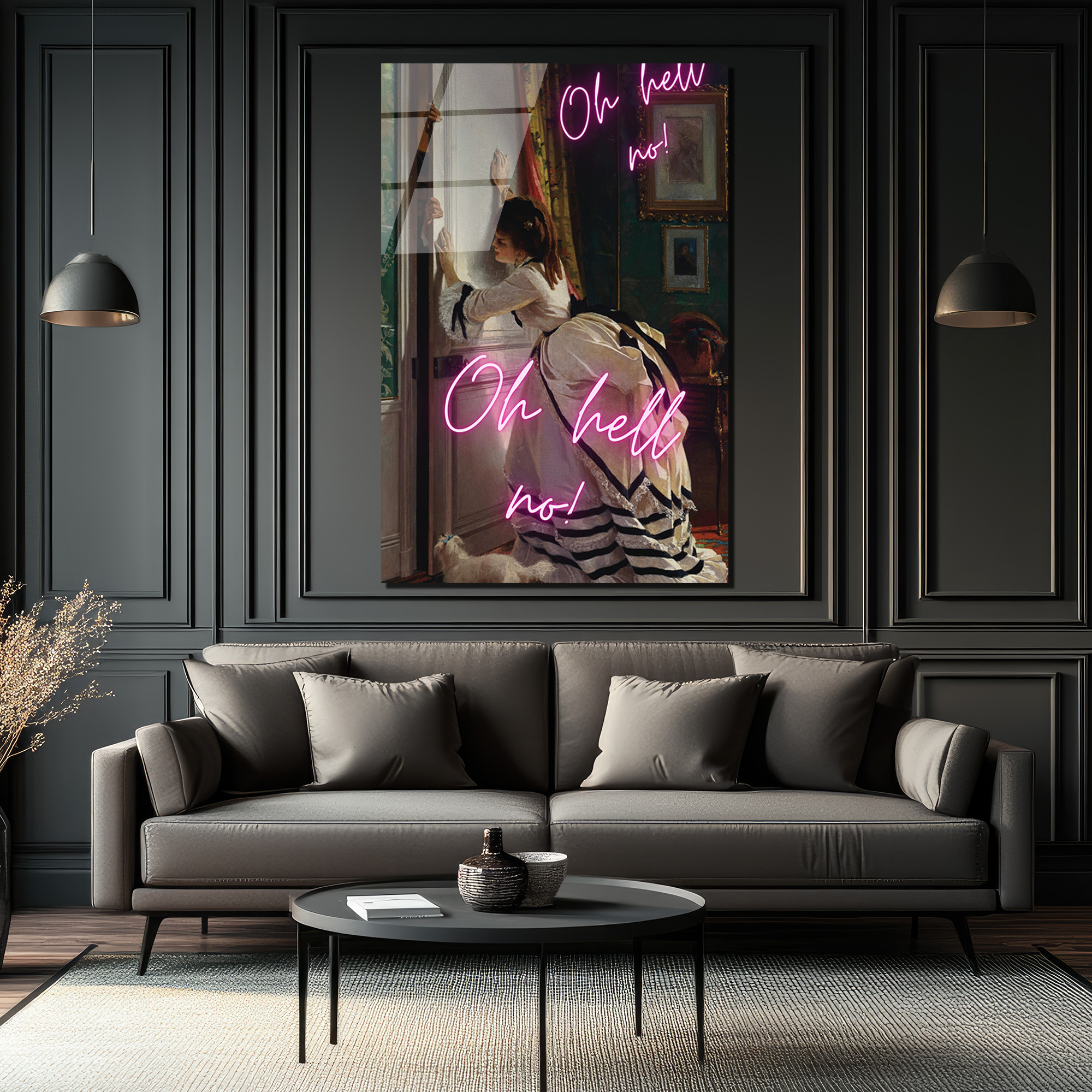 Oh Hell No! Klasik Sanat ve Neon Esintili Cam Tablo - Glazella Oh Hell No! Klasik Sanat ve Neon Esintili Cam Tablo - Glazella
