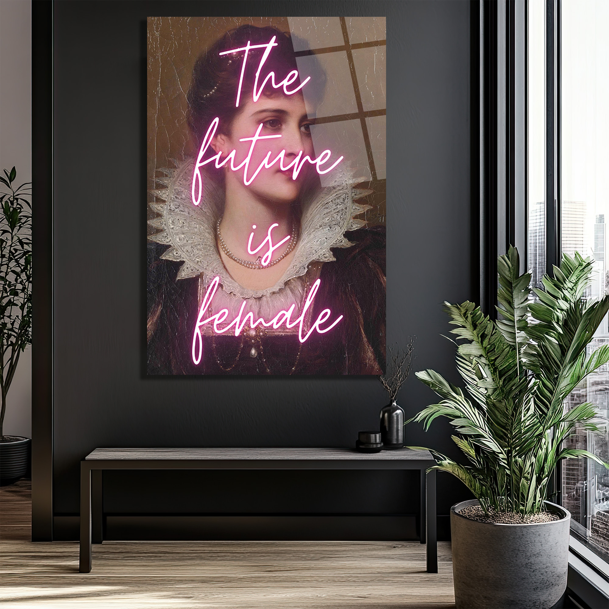 The Future Is Female Neon Yazılı Vintage Portre Cam Tablo - Glazella The Future Is Female Neon Yazılı Vintage Portre Cam Tablo - Glazella