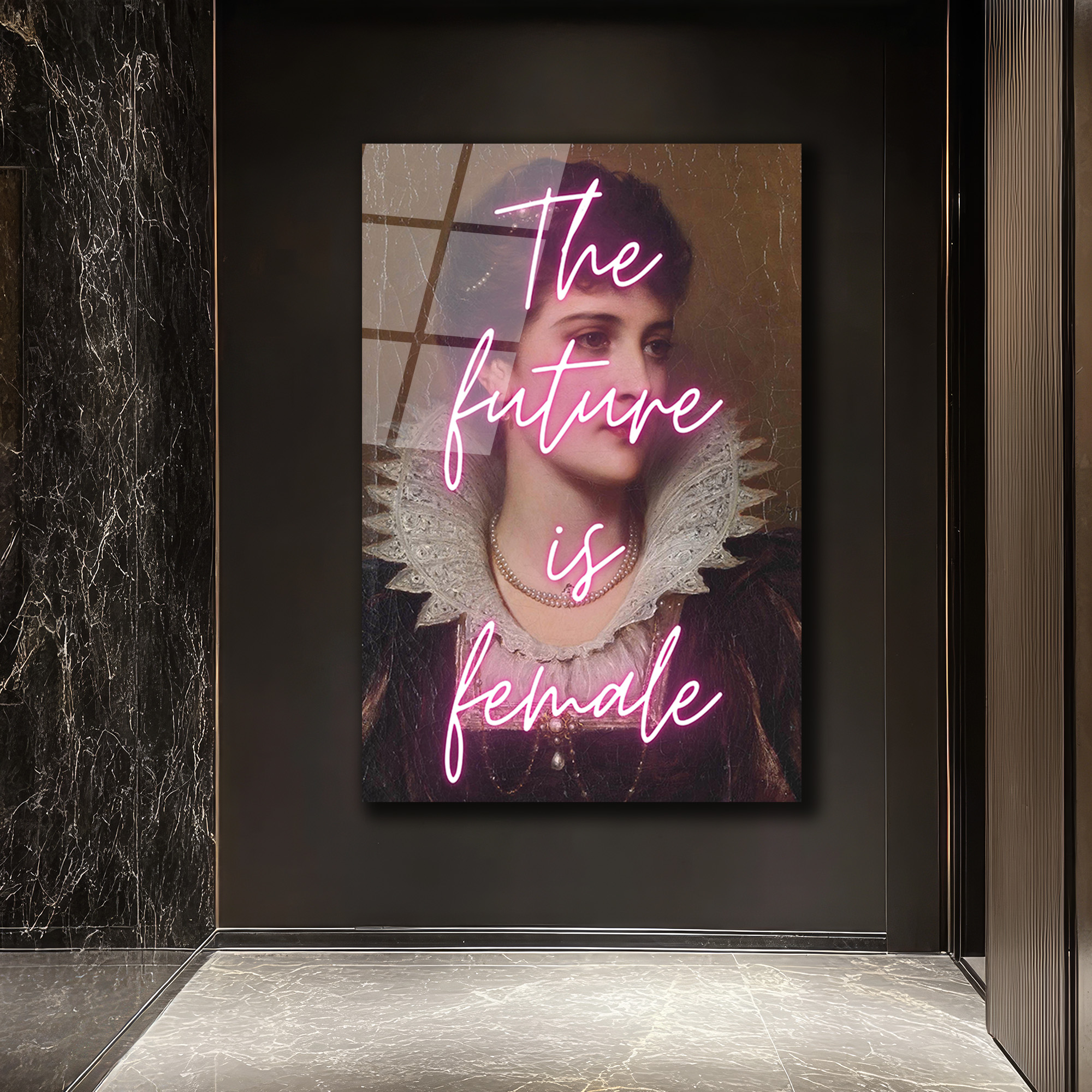 The Future Is Female Neon Yazılı Vintage Portre Cam Tablo - Glazella The Future Is Female Neon Yazılı Vintage Portre Cam Tablo - Glazella