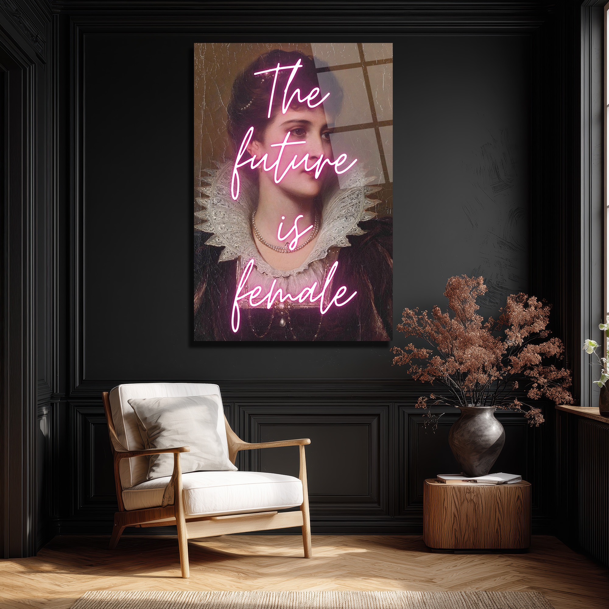 The Future Is Female Neon Yazılı Vintage Portre Cam Tablo - Glazella The Future Is Female Neon Yazılı Vintage Portre Cam Tablo - Glazella