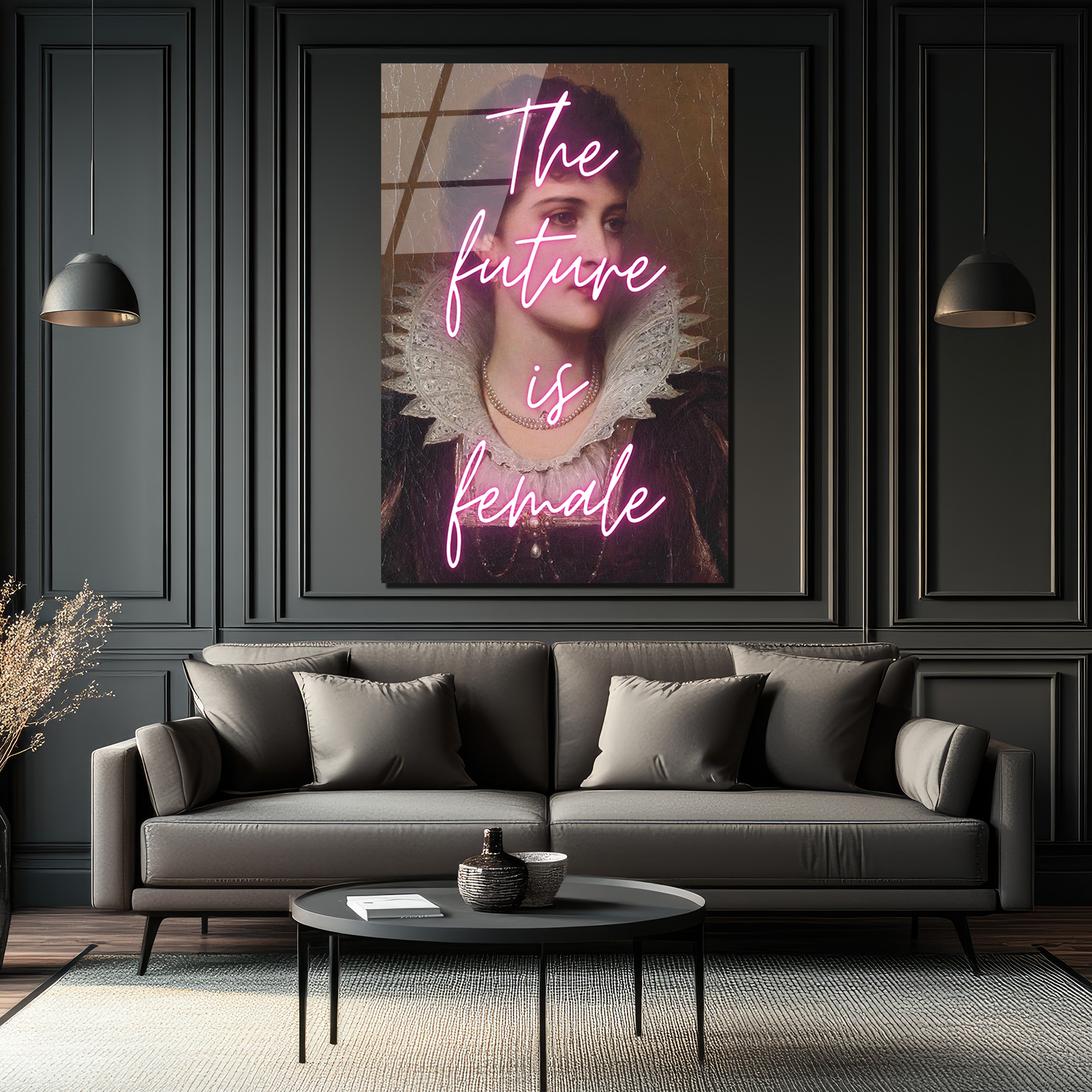 The Future Is Female Neon Yazılı Vintage Portre Cam Tablo - Glazella The Future Is Female Neon Yazılı Vintage Portre Cam Tablo - Glazella