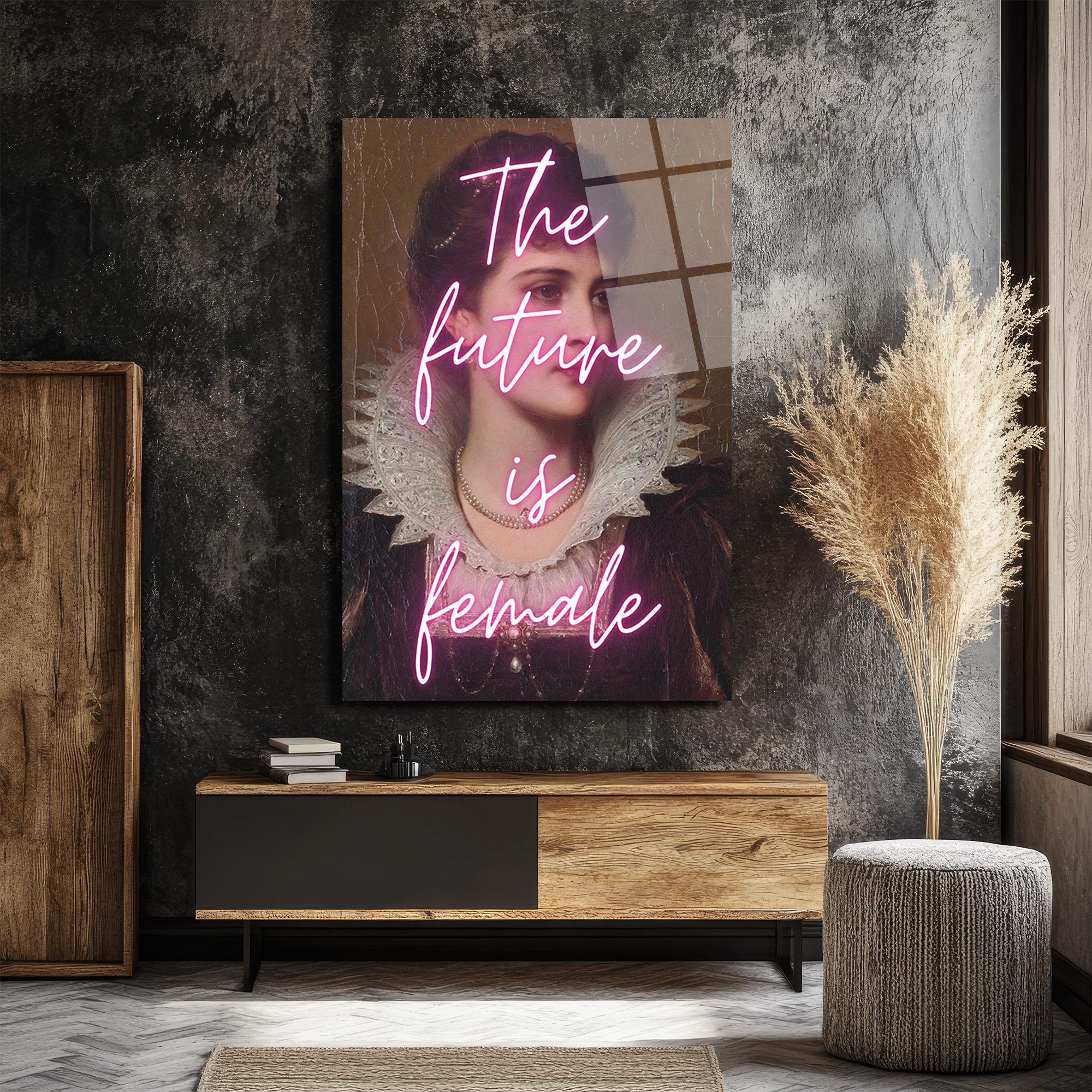 The Future Is Female Neon Yazılı Vintage Portre Cam Tablo - Glazella The Future Is Female Neon Yazılı Vintage Portre Cam Tablo - Glazella