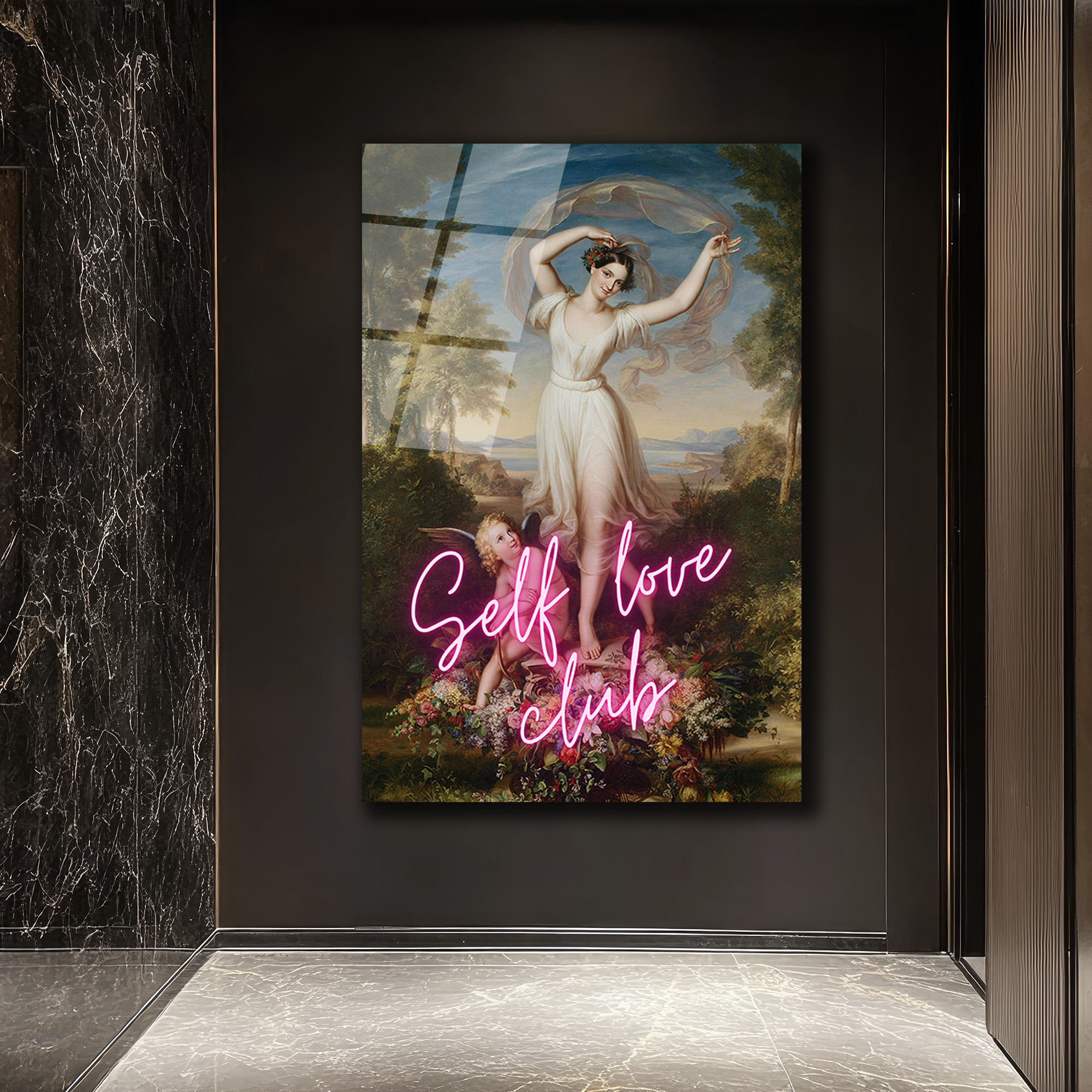 Self Love Club Neon Temalı Klasik Sanat Cam Tablo - Glazella Self Love Club Neon Temalı Klasik Sanat Cam Tablo - Glazella