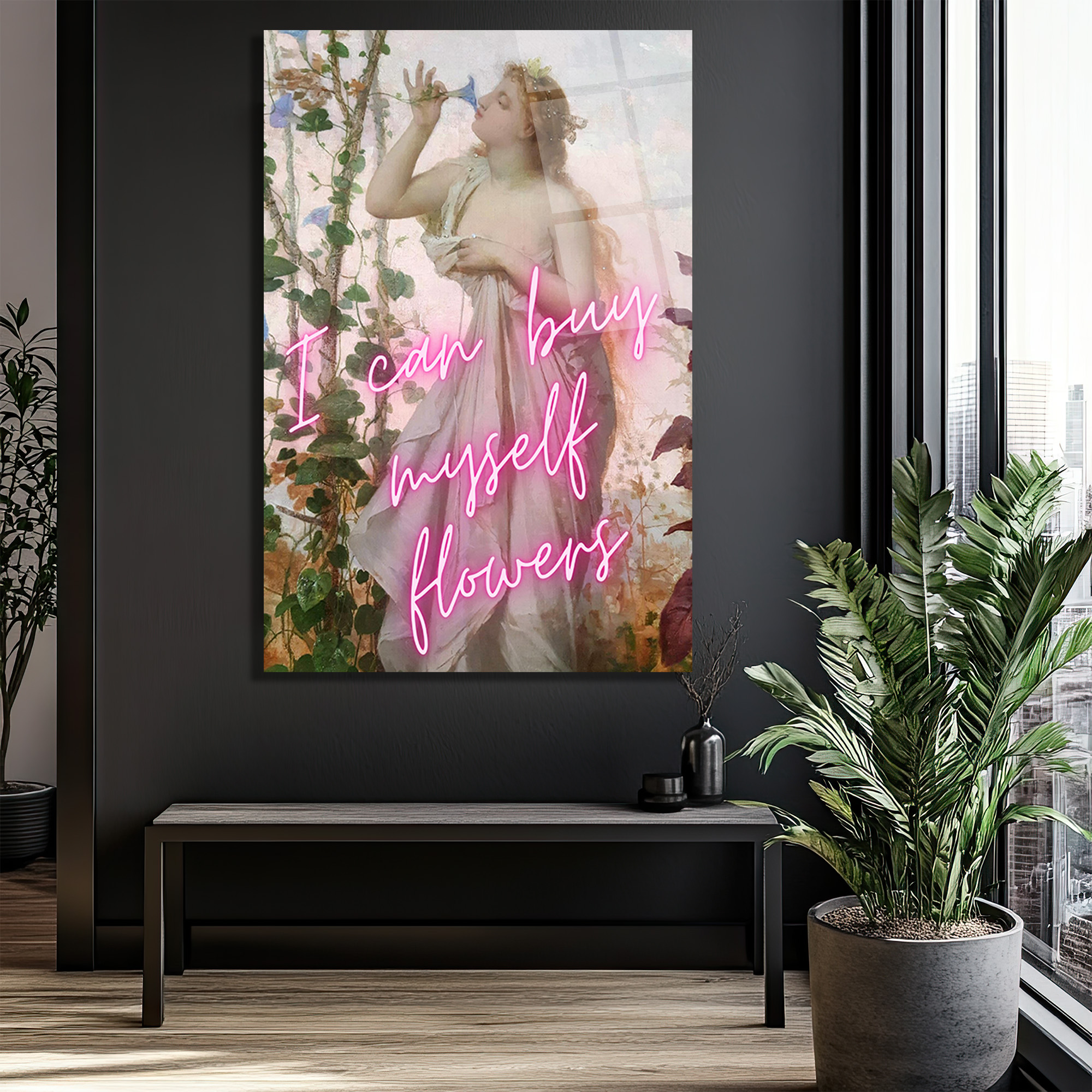 Kendime Çiçek Alabilirim Neon Yazılı Romantik Klasik Sanat Cam Tablo - Glazella Kendime Çiçek Alabilirim Neon Yazılı Romantik Klasik Sanat Cam Tablo - Glazella