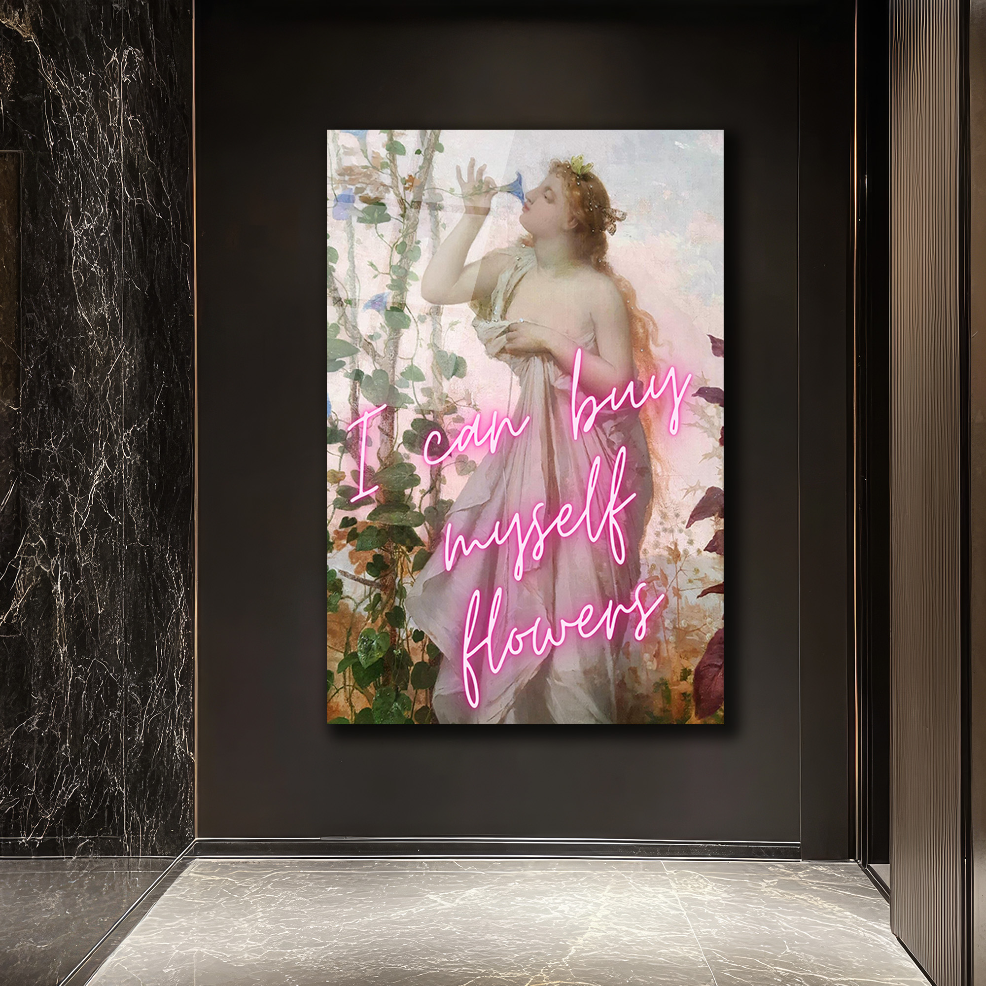 Kendime Çiçek Alabilirim Neon Yazılı Romantik Klasik Sanat Cam Tablo - Glazella Kendime Çiçek Alabilirim Neon Yazılı Romantik Klasik Sanat Cam Tablo - Glazella