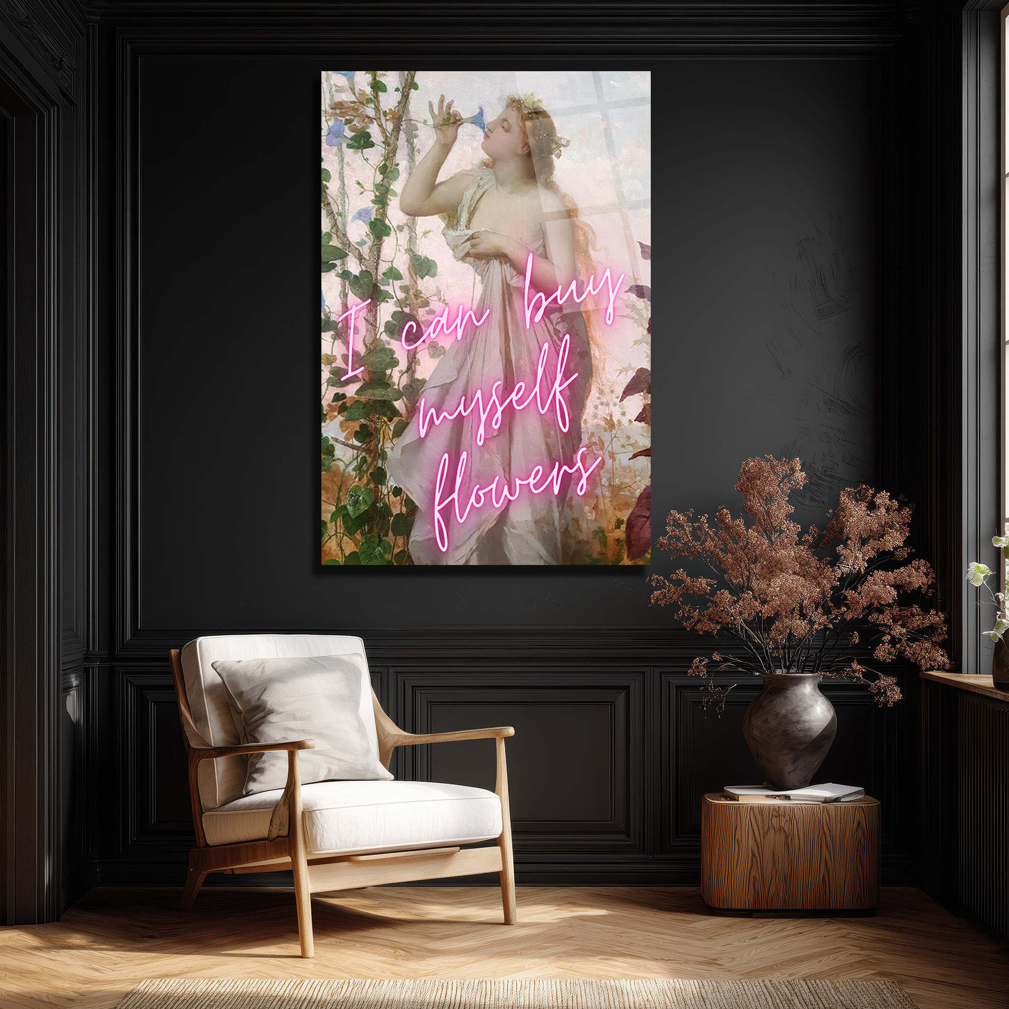 Kendime Çiçek Alabilirim Neon Yazılı Romantik Klasik Sanat Cam Tablo - Glazella Kendime Çiçek Alabilirim Neon Yazılı Romantik Klasik Sanat Cam Tablo - Glazella