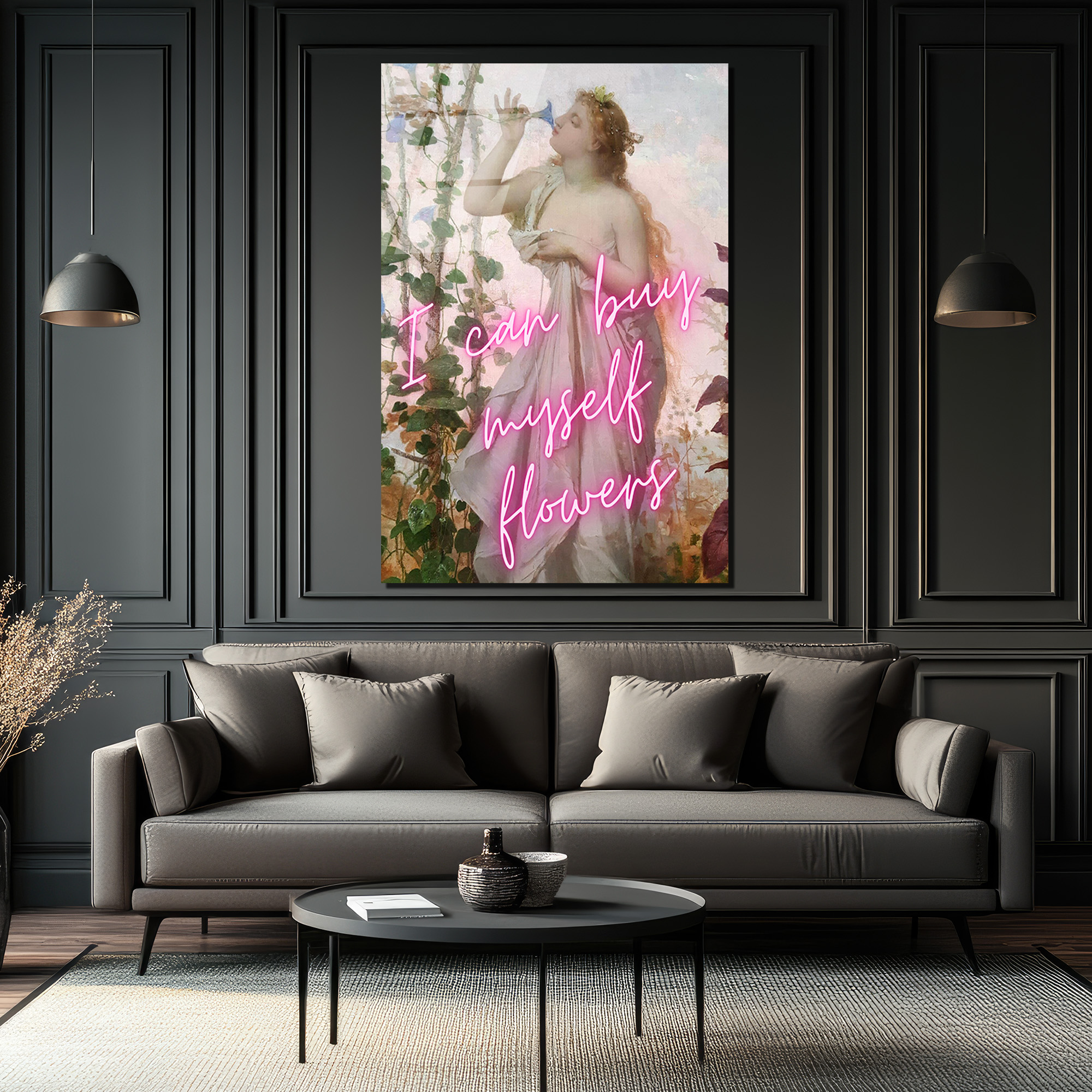 Kendime Çiçek Alabilirim Neon Yazılı Romantik Klasik Sanat Cam Tablo - Glazella Kendime Çiçek Alabilirim Neon Yazılı Romantik Klasik Sanat Cam Tablo - Glazella