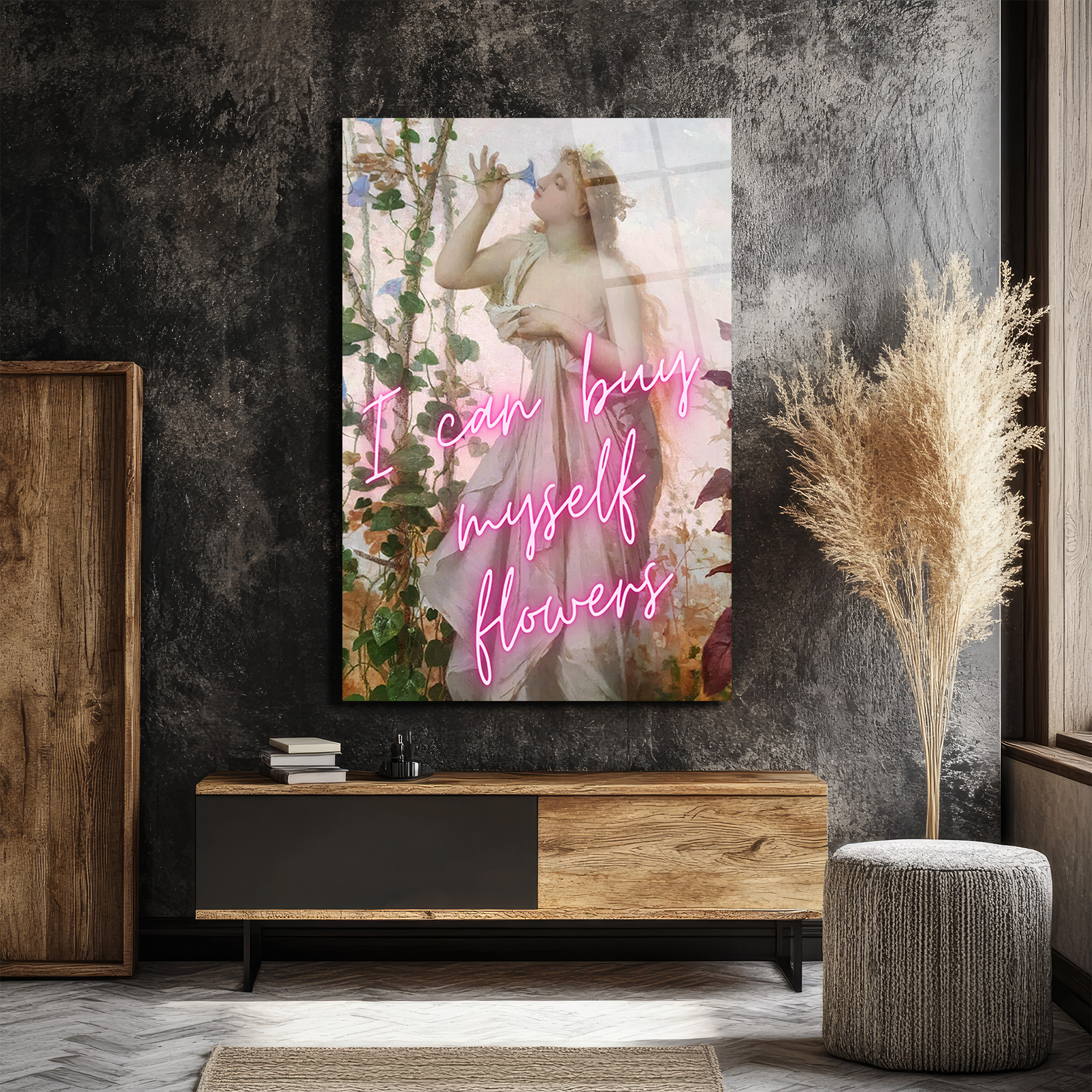 Kendime Çiçek Alabilirim Neon Yazılı Romantik Klasik Sanat Cam Tablo - Glazella Kendime Çiçek Alabilirim Neon Yazılı Romantik Klasik Sanat Cam Tablo - Glazella