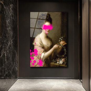 Modern Dokunuşlu Klasik Kadın Portresi Cam Tablo - Pembe Sanat - Glazella