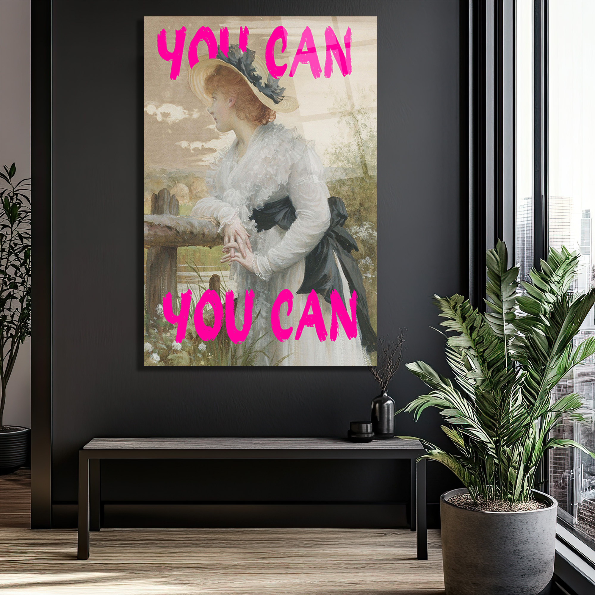 "You Can" Motivasyonel Pembe Yazılı Klasik Kadın Portresi Cam Tablo - Glazella "You Can" Motivasyonel Pembe Yazılı Klasik Kadın Portresi Cam Tablo - Glazella