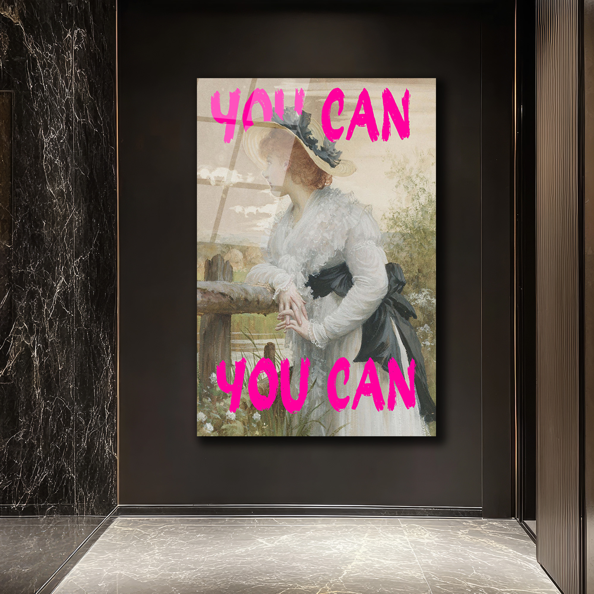 "You Can" Motivasyonel Pembe Yazılı Klasik Kadın Portresi Cam Tablo - Glazella "You Can" Motivasyonel Pembe Yazılı Klasik Kadın Portresi Cam Tablo - Glazella