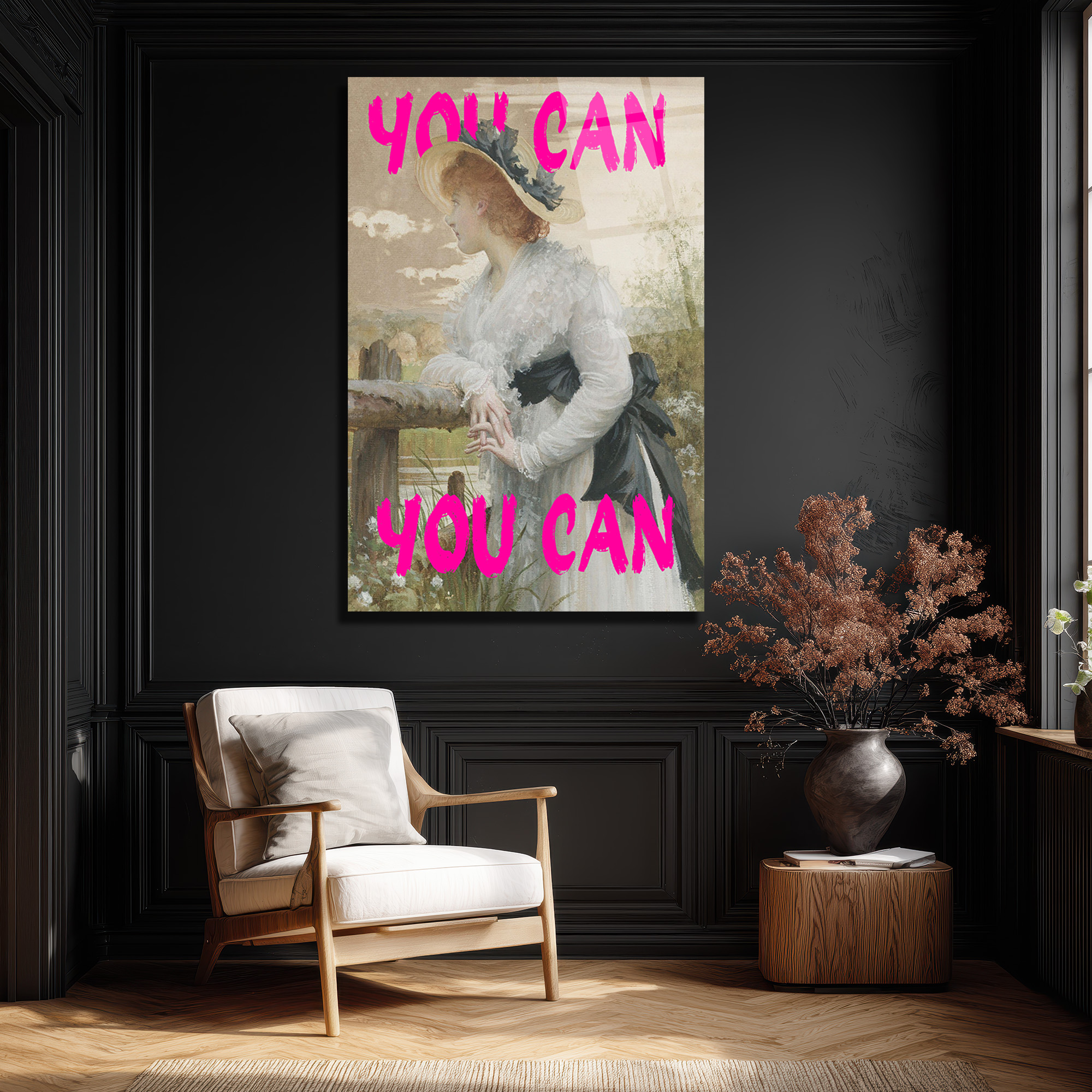 "You Can" Motivasyonel Pembe Yazılı Klasik Kadın Portresi Cam Tablo - Glazella "You Can" Motivasyonel Pembe Yazılı Klasik Kadın Portresi Cam Tablo - Glazella