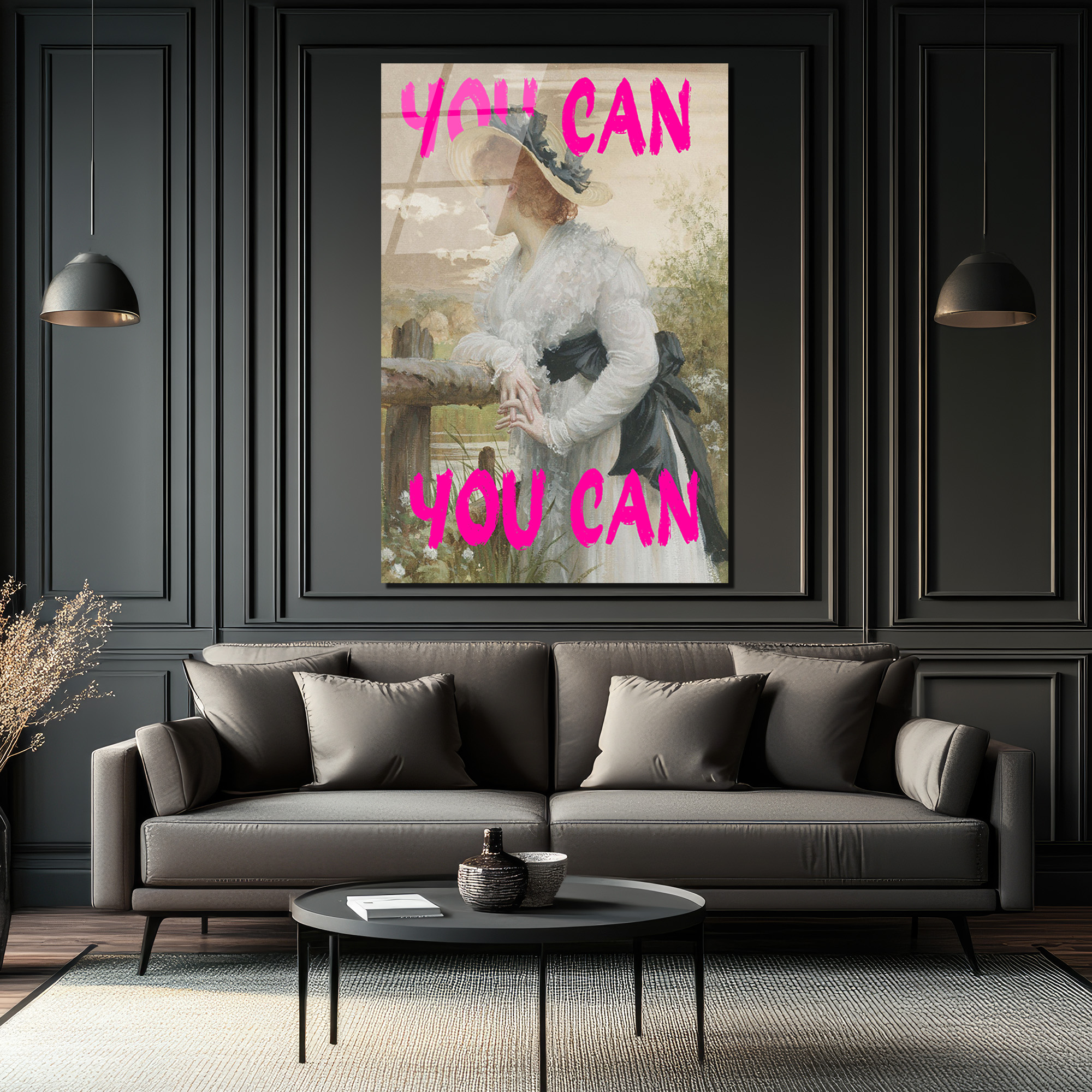 "You Can" Motivasyonel Pembe Yazılı Klasik Kadın Portresi Cam Tablo - Glazella "You Can" Motivasyonel Pembe Yazılı Klasik Kadın Portresi Cam Tablo - Glazella