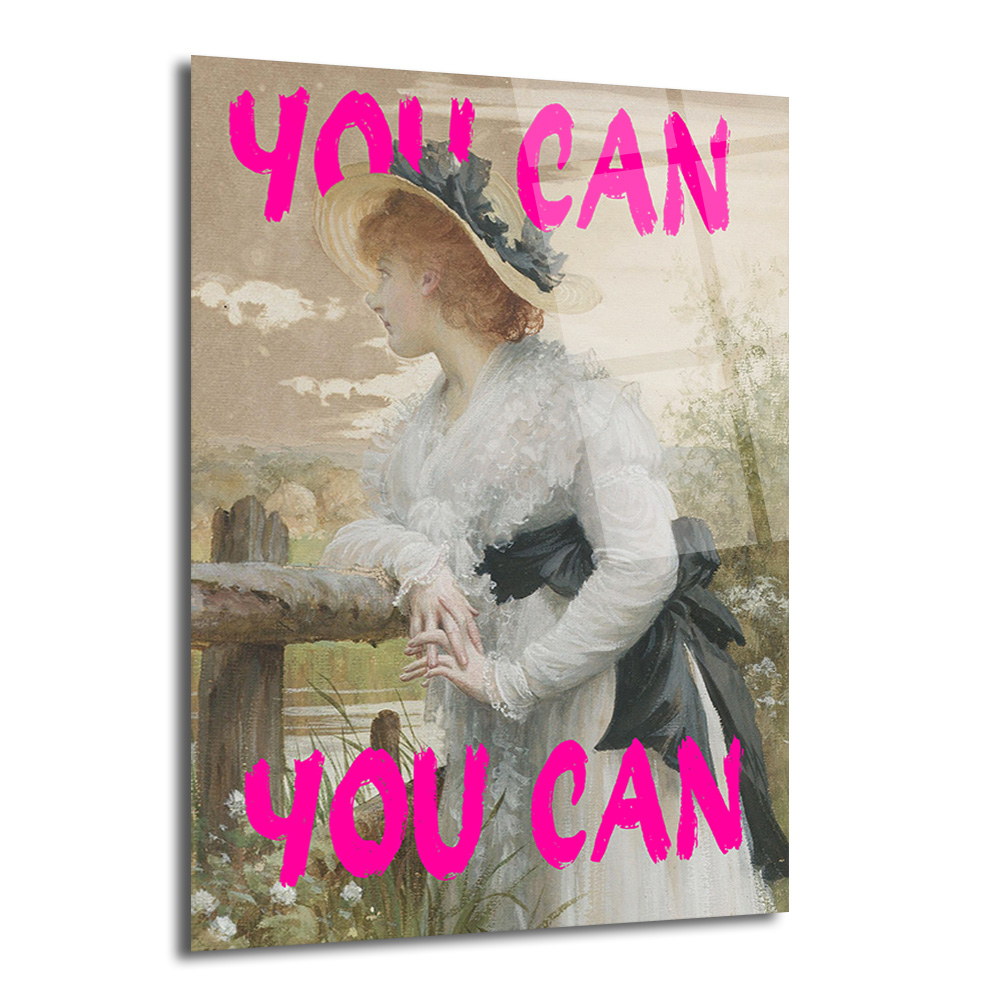 "You Can" Motivasyonel Pembe Yazılı Klasik Kadın Portresi Cam Tablo - Glazella "You Can" Motivasyonel Pembe Yazılı Klasik Kadın Portresi Cam Tablo - Glazella