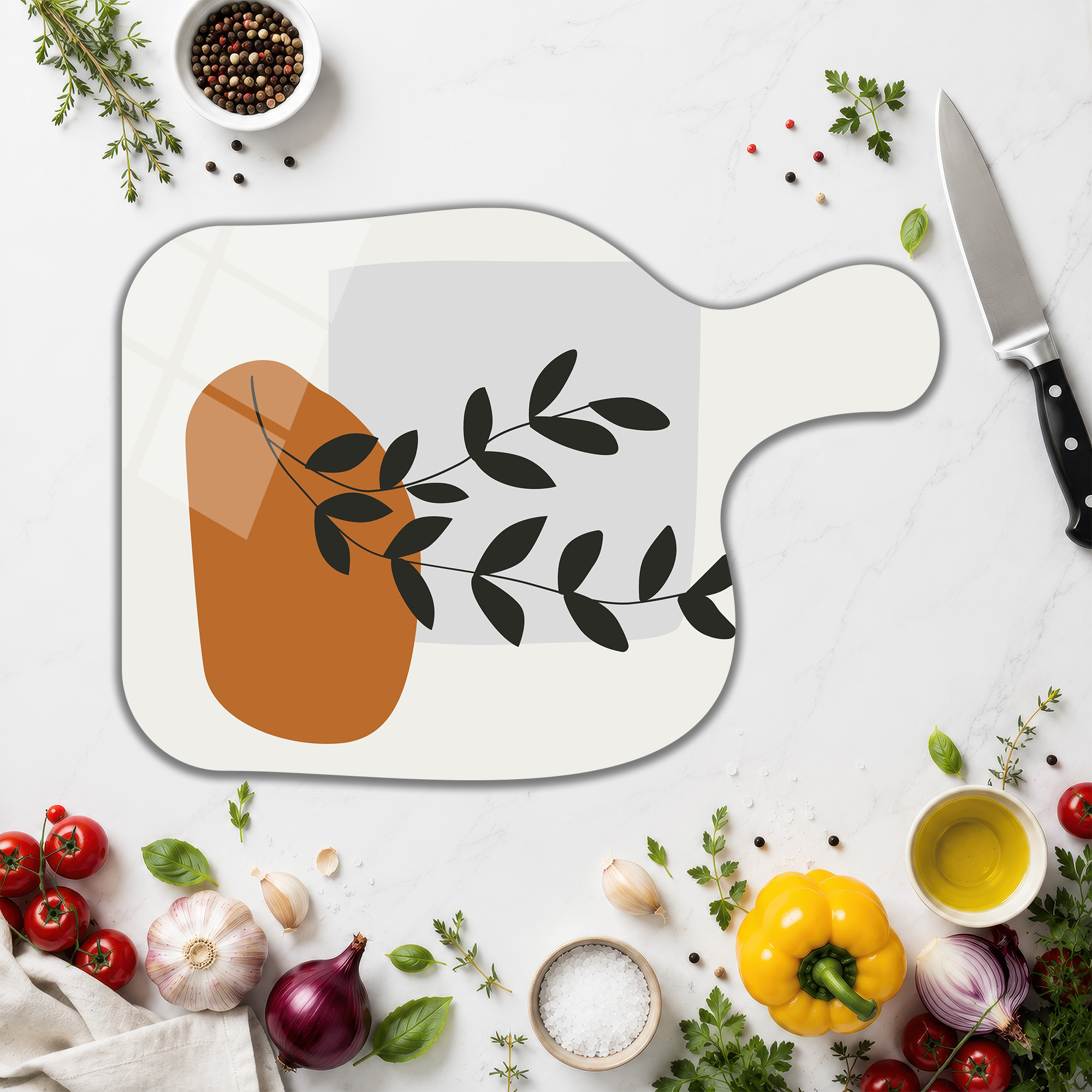 Bohem Yaprak Desenli Modern Cam Kesme Tahtası - Glazella Bohem Yaprak Desenli Modern Cam Kesme Tahtası - Glazella