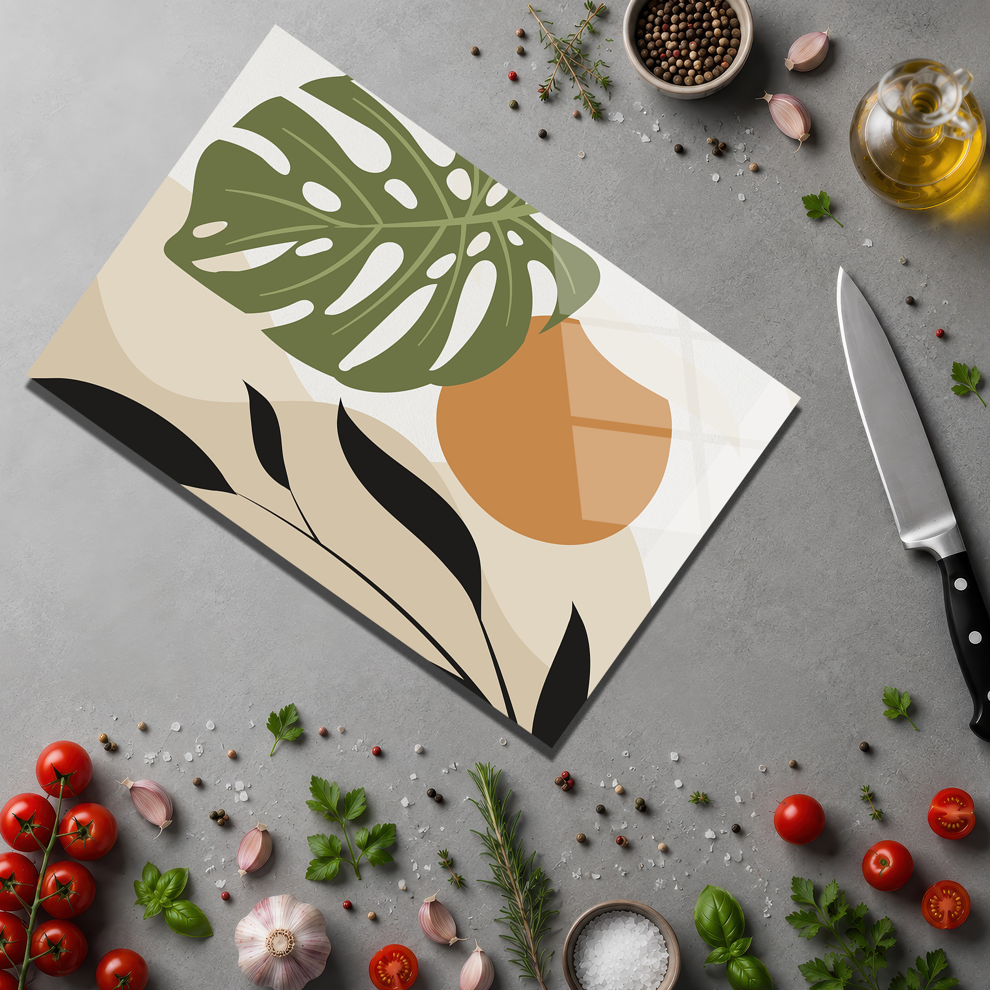 Monstera Desenli Estetik Cam Kesme Tahtası ve Servis Panosu - Glazella Monstera Desenli Estetik Cam Kesme Tahtası ve Servis Panosu - Glazella